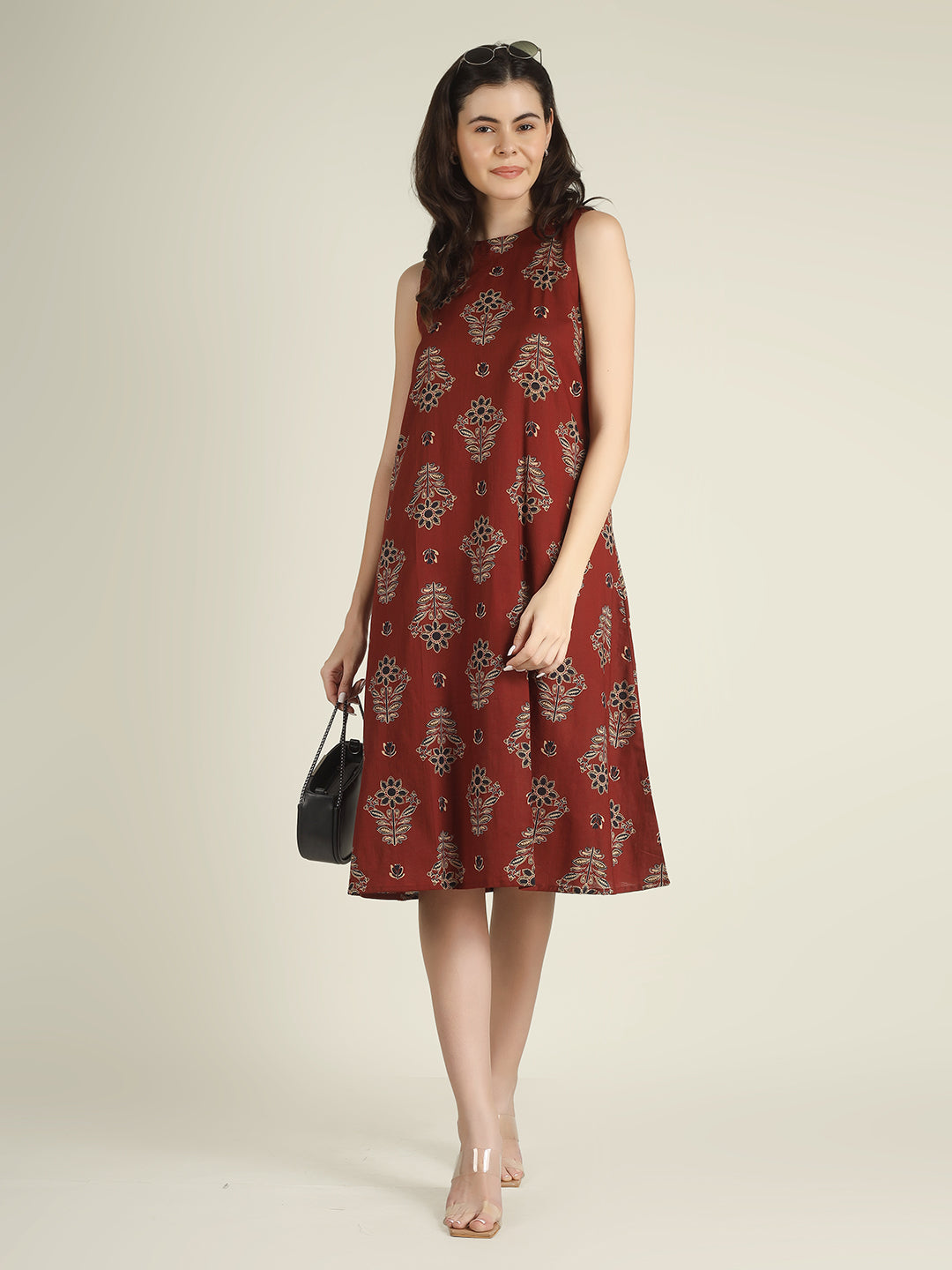 Maroon Printed Sleeveless A-Line Cotton Dress