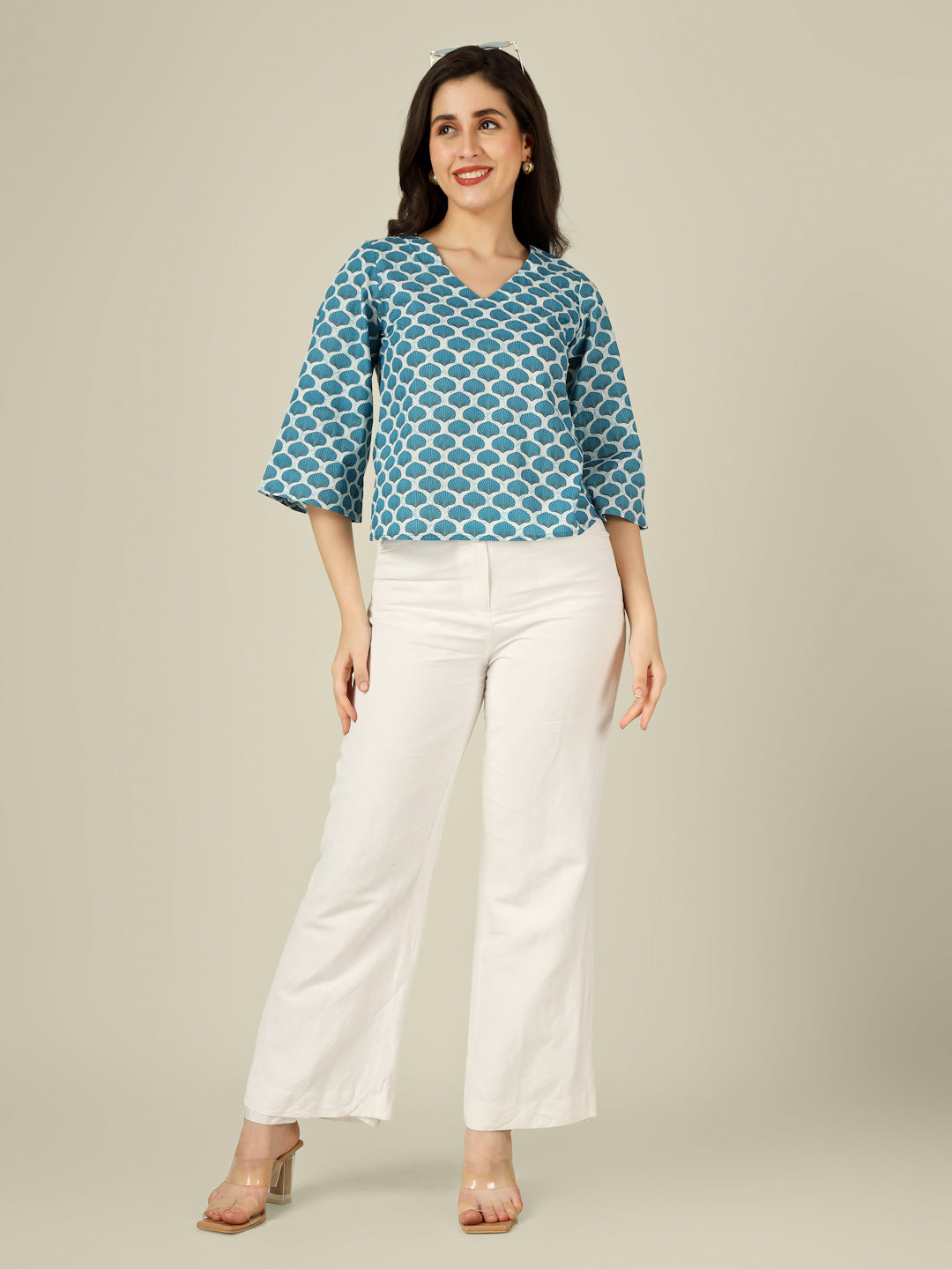 Blue Printed Straight Bell-Sleeves Top