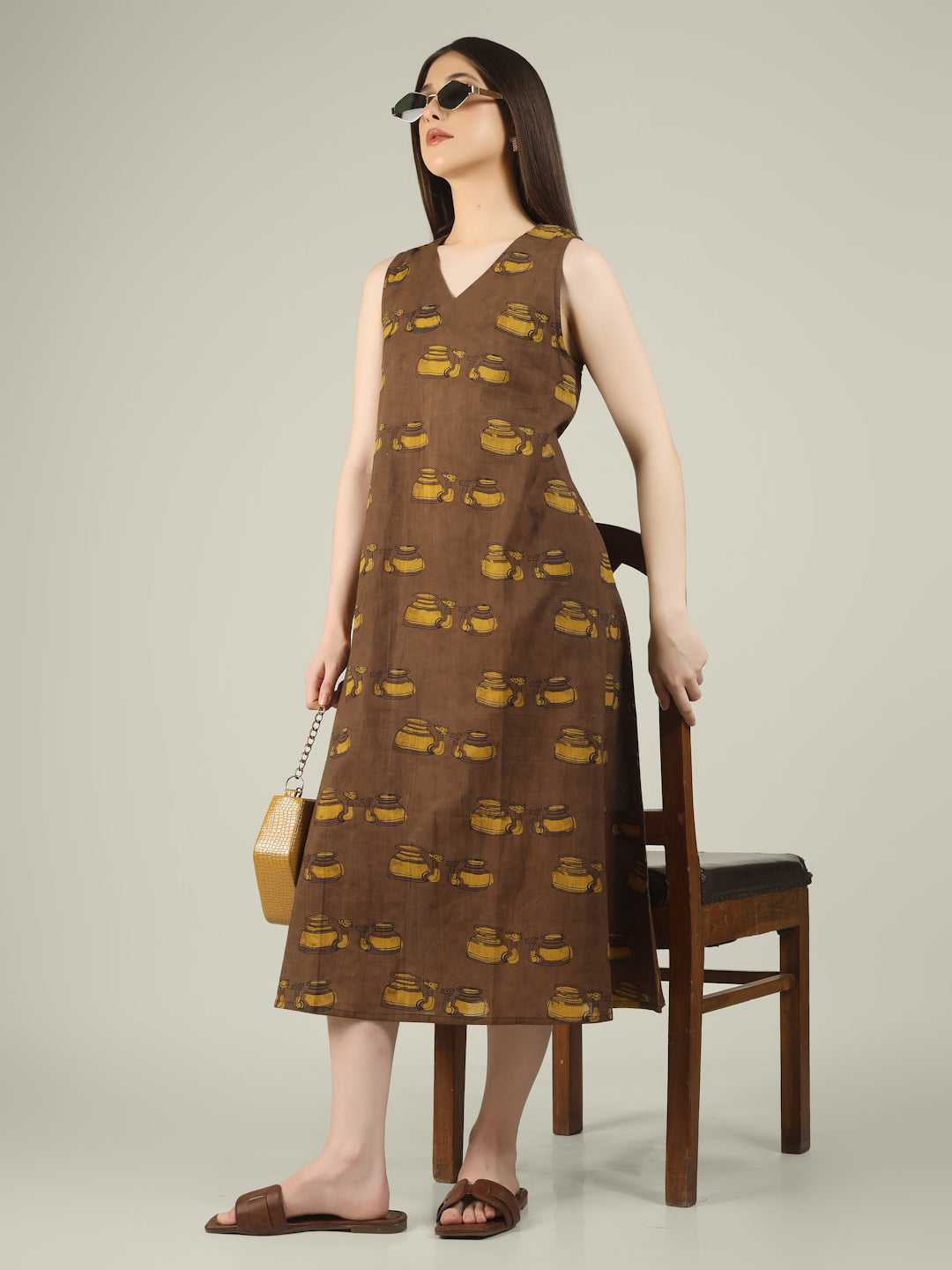 Brown Printed V-Neck Sleeveless A-Line Cotton Dress
