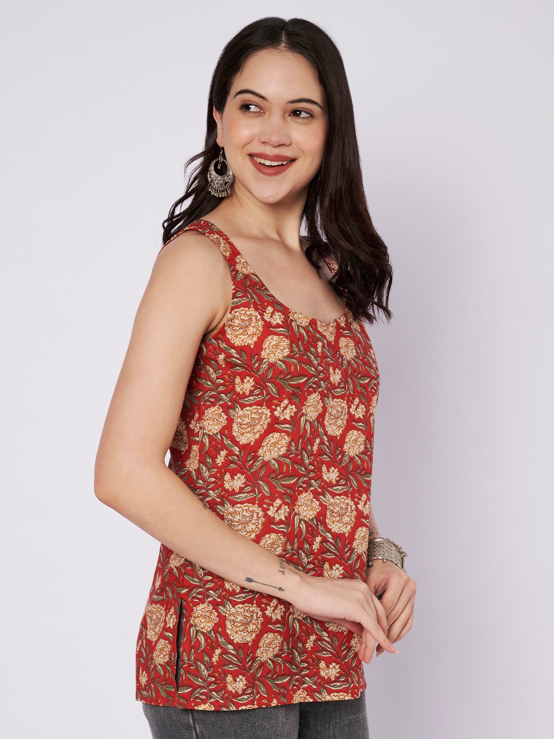 Maroon Printed Sleeveless Cotton Top