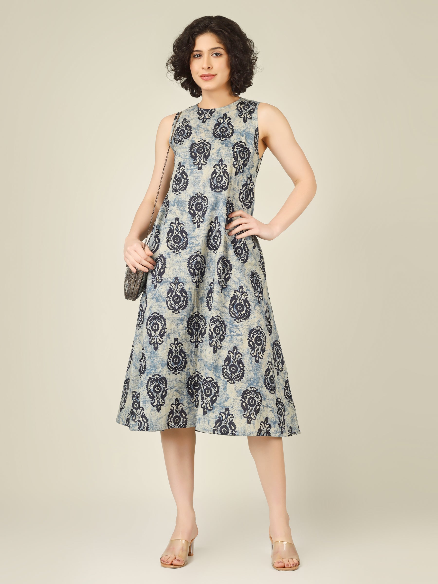 Off-Blue Printed Sleeveless A-Line Cotton Dress