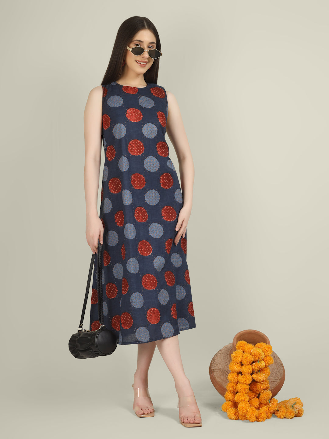 Blue Printed Sleeveless A-Line Cotton Dress