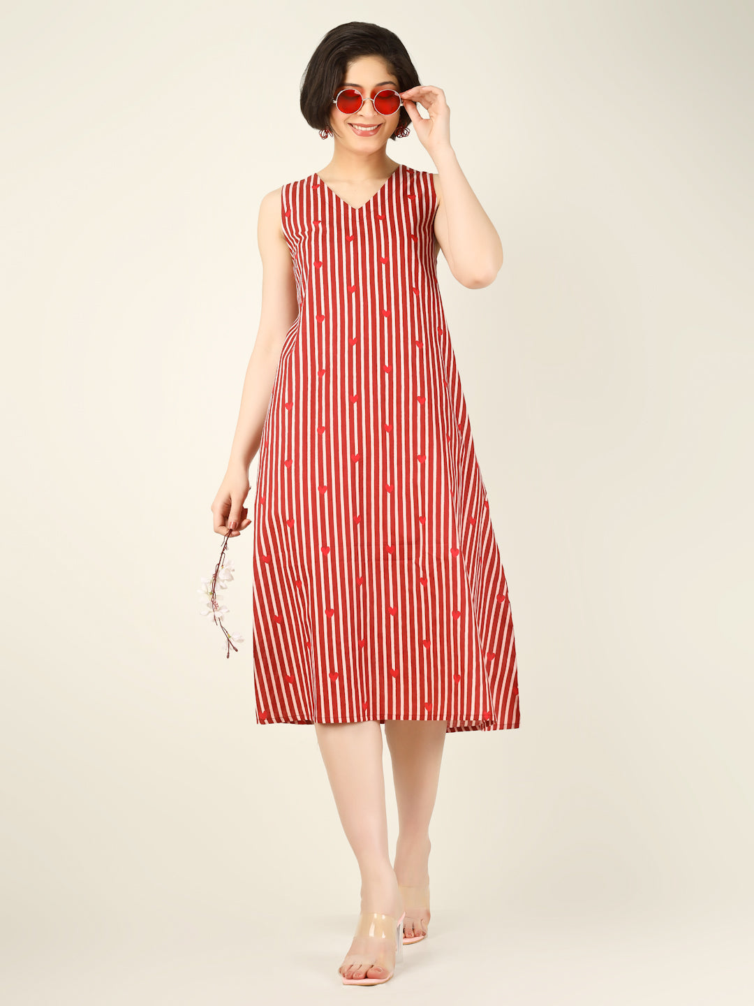 Red Striped Sleeveless V-Neck A-Line Cotton Dress