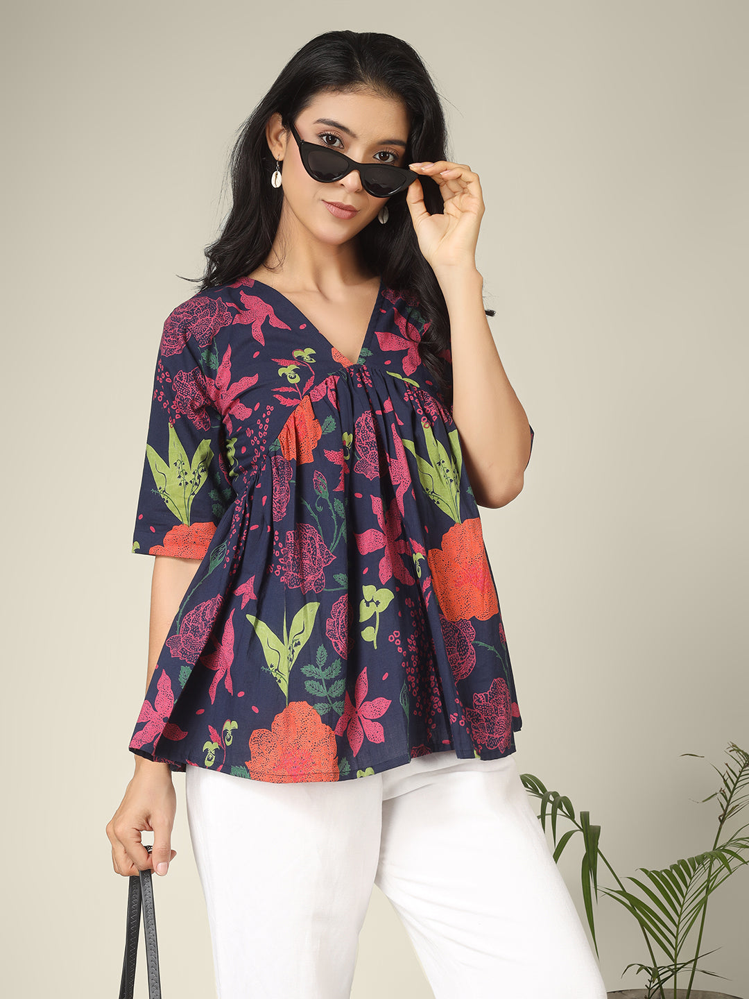 Navy Blue Printed Half-Sleeve Alia-Cut Cotton Peplum Top