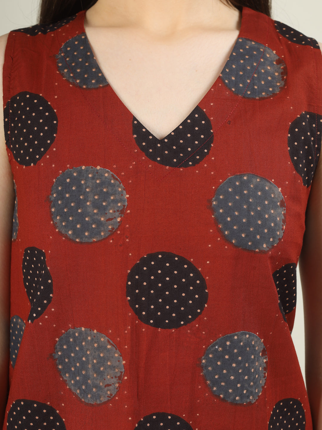 Maroon Printed V-Neck Sleeveless A-Line Cotton Dress
