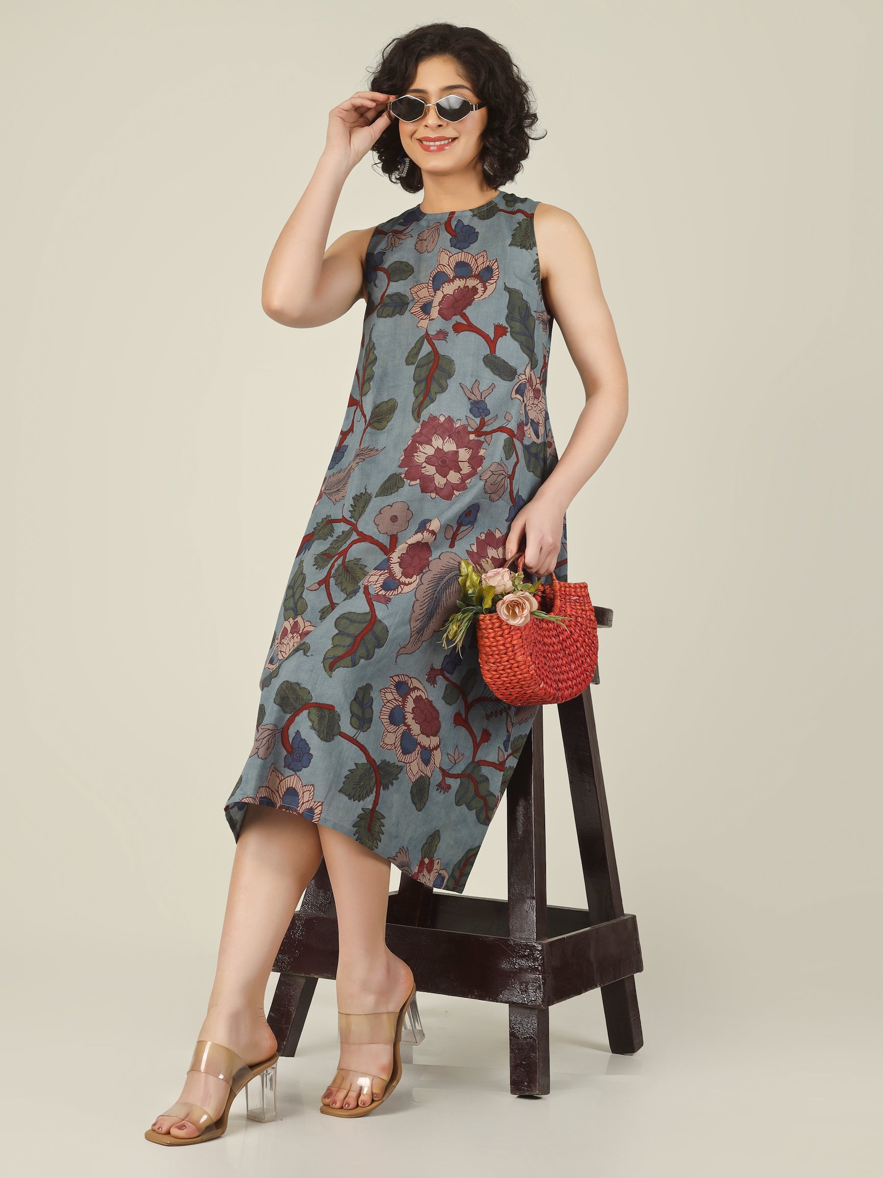 Slate Blue Printed Sleeveless A-Line Cotton Dress