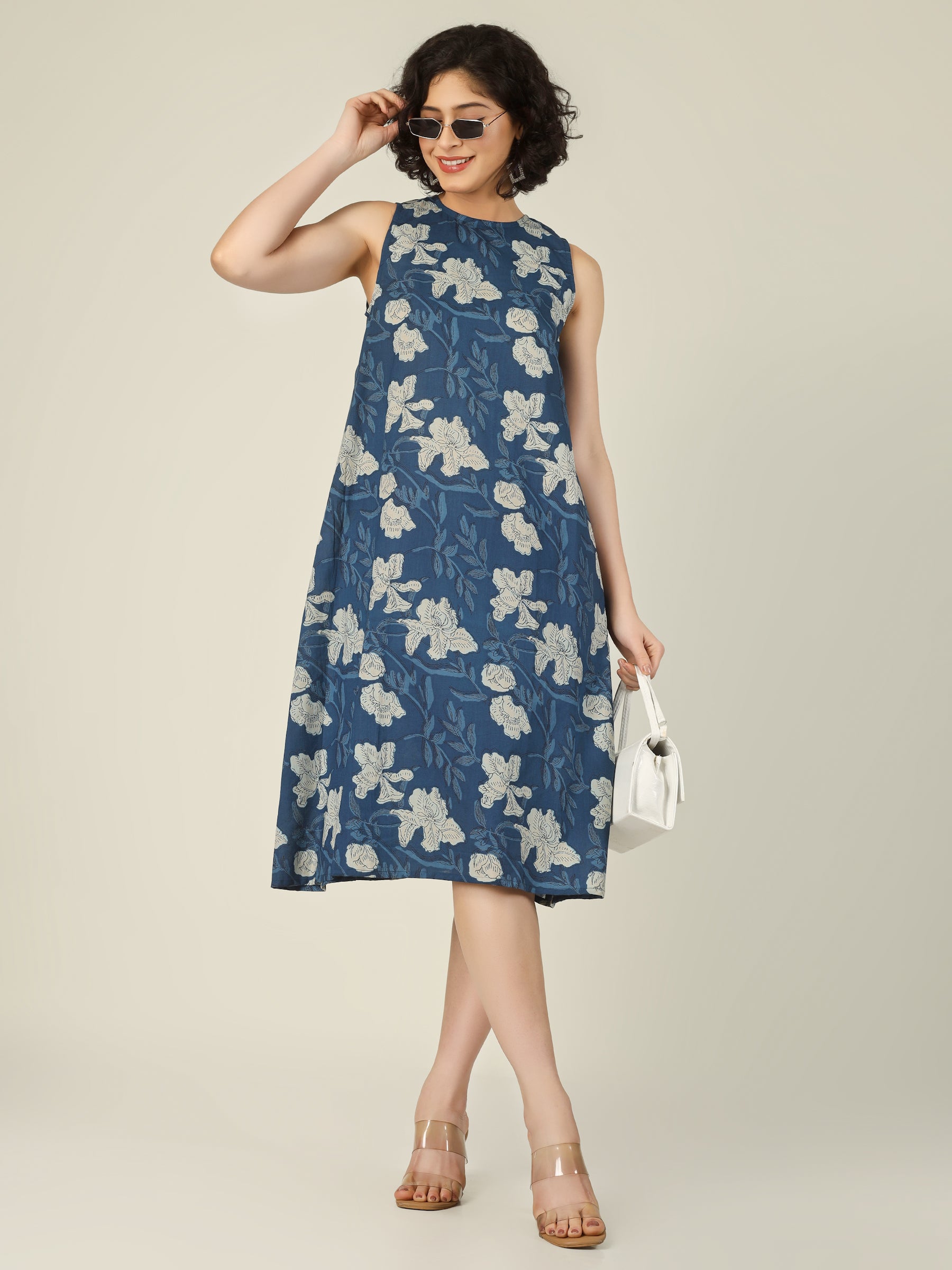 Blue Printed Sleeveless A-Line Cotton Dress