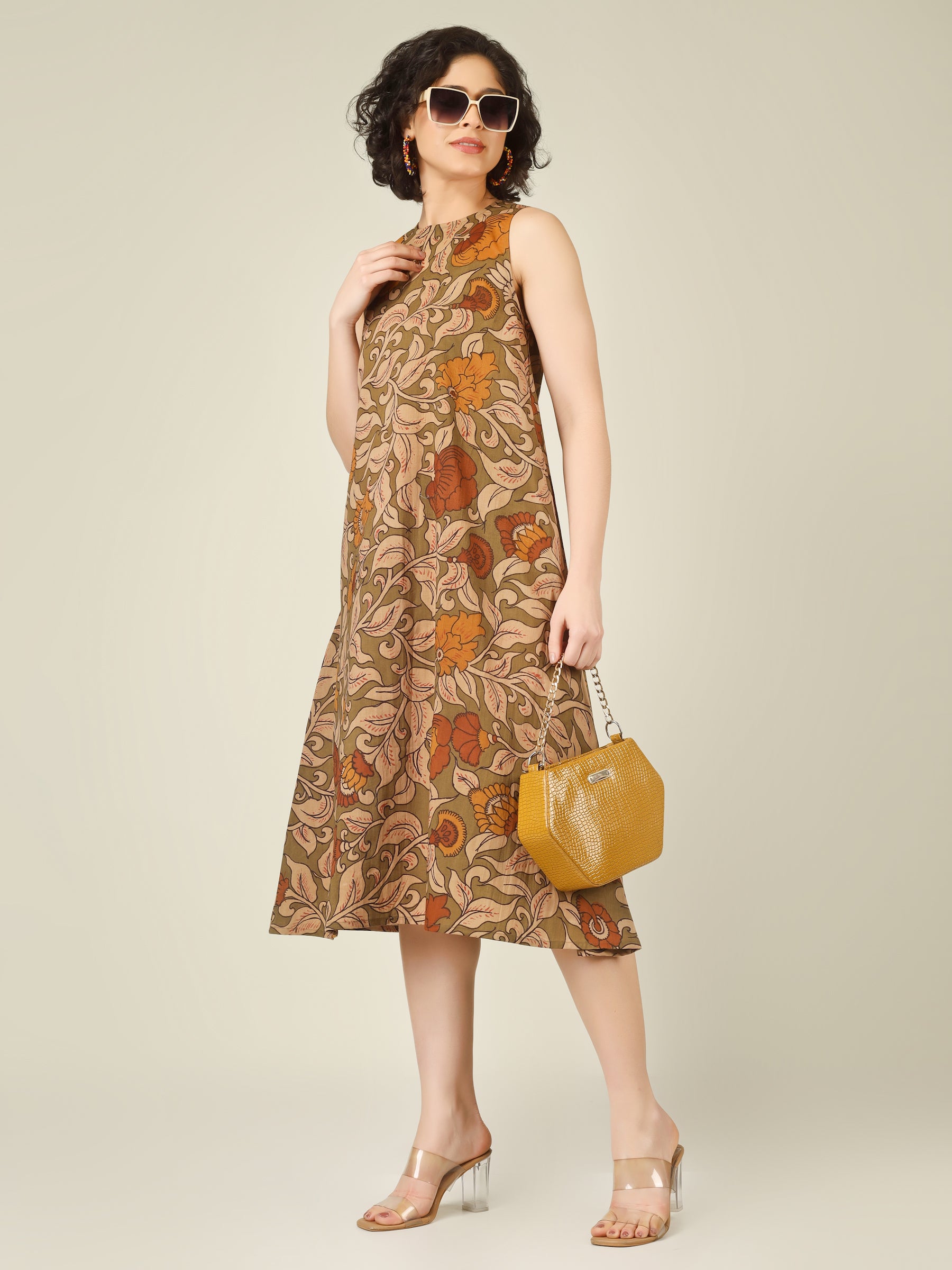 Olive Printed Sleeveless A-Line Cotton Dress