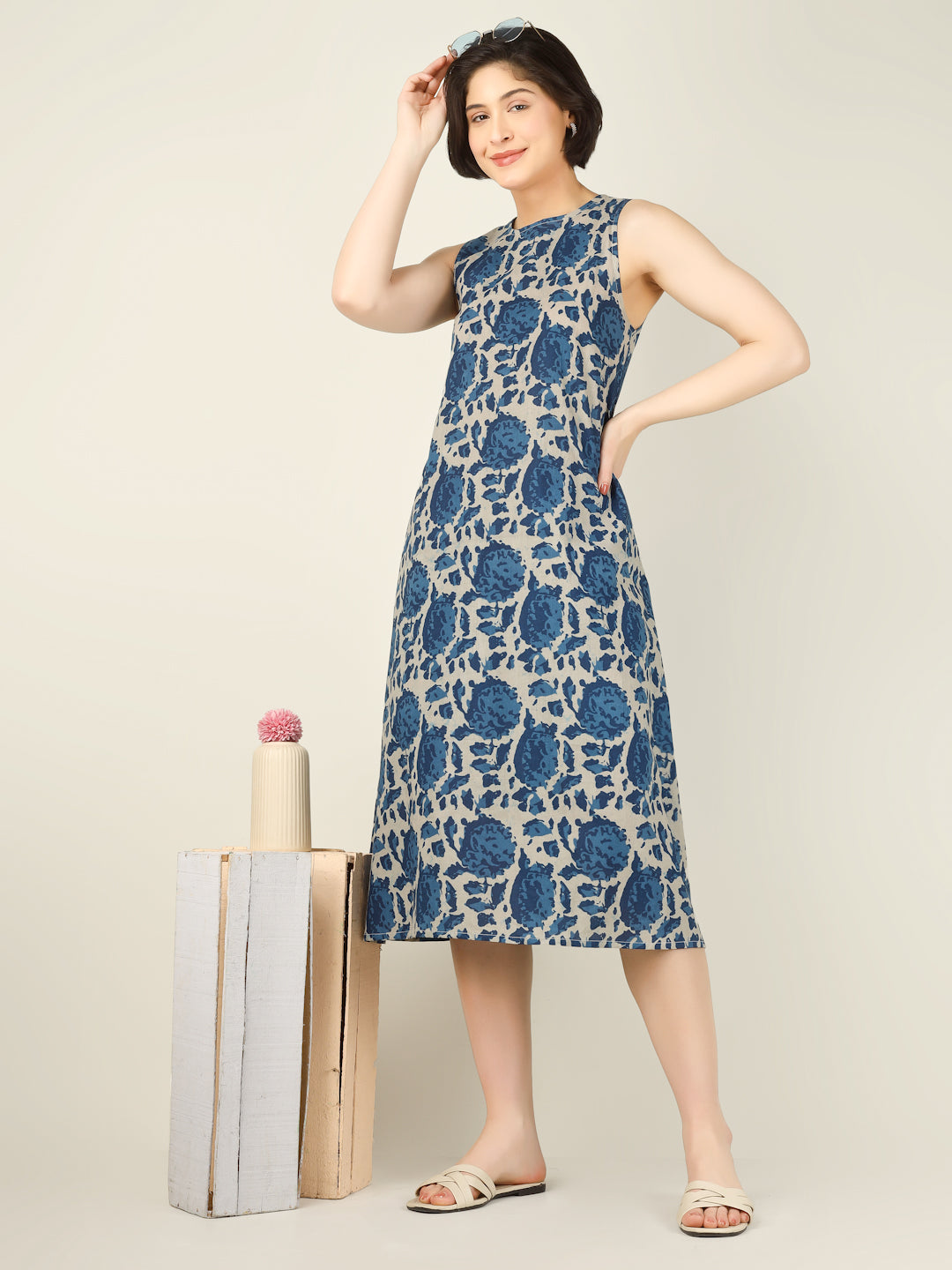 Blue Printed Sleeveless A-Line Cotton Dress