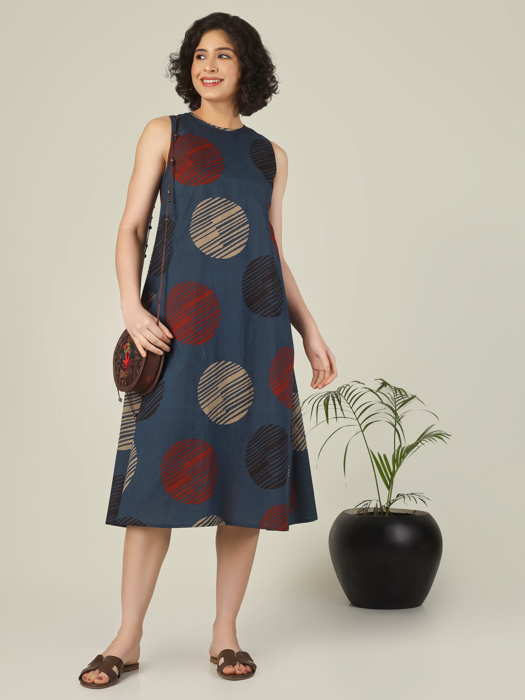 Blue Printed Sleeveless A-Line Cotton Dress