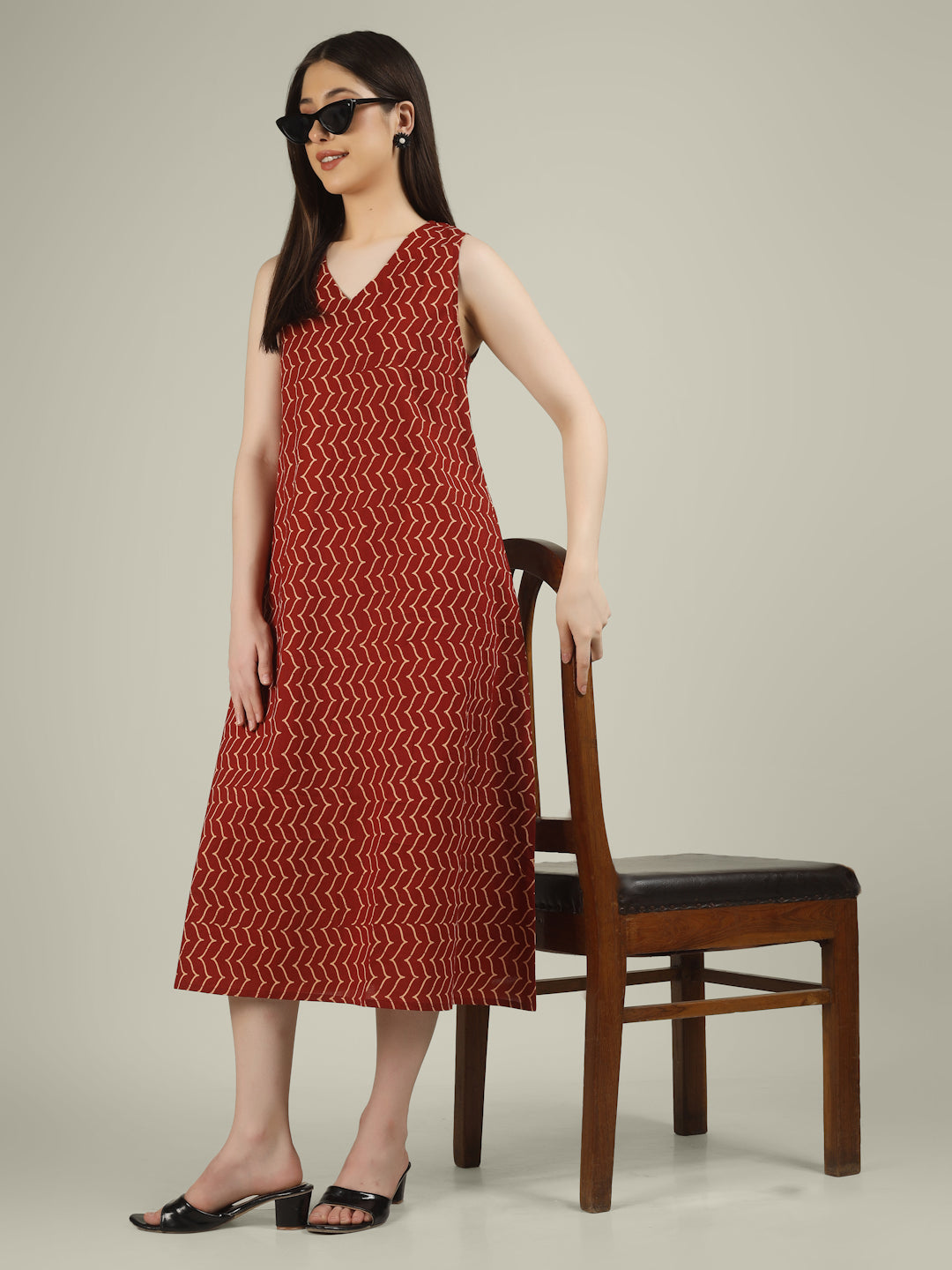 Rust Printed V-Neck Sleeveless A-Line Cotton Dress
