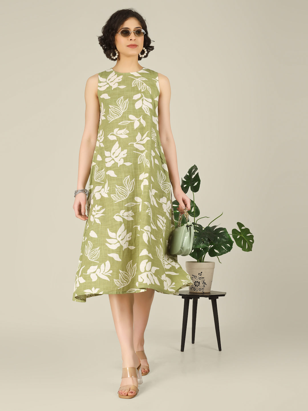 Sage Green Printed Sleeveless A-Line Cotton Dress