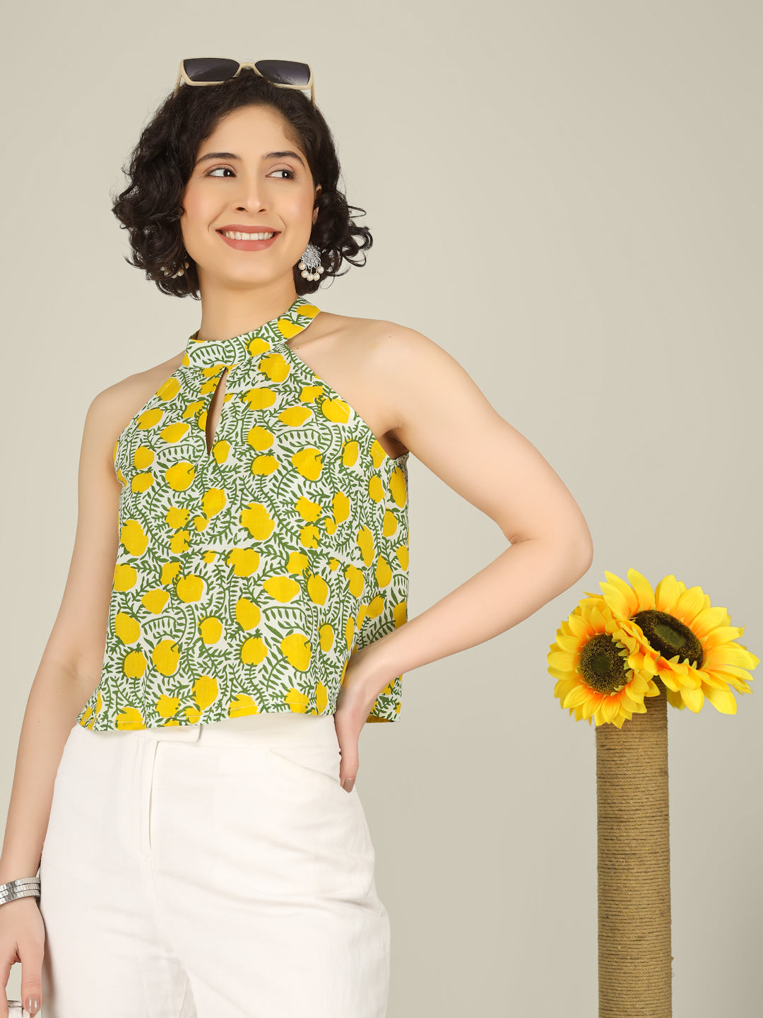 White Printed Halter Neck Sleeveless Cotton Top