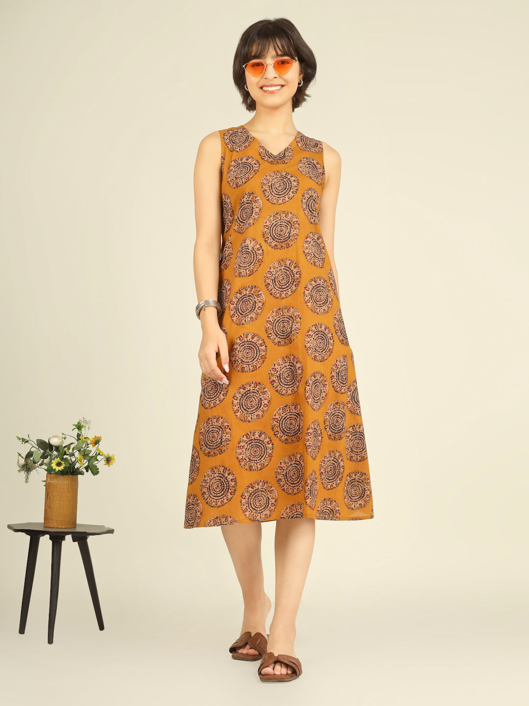Mustard Printed V-Neck Sleeveless A-Line Cotton Dress