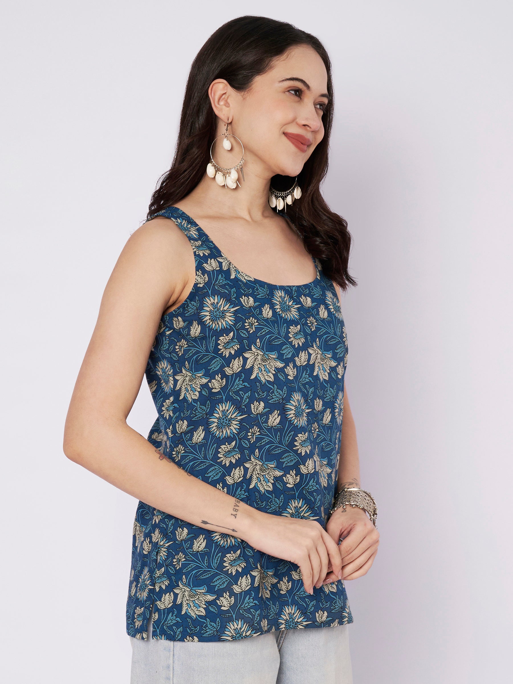 Blue Printed Sleeveless Cotton Top