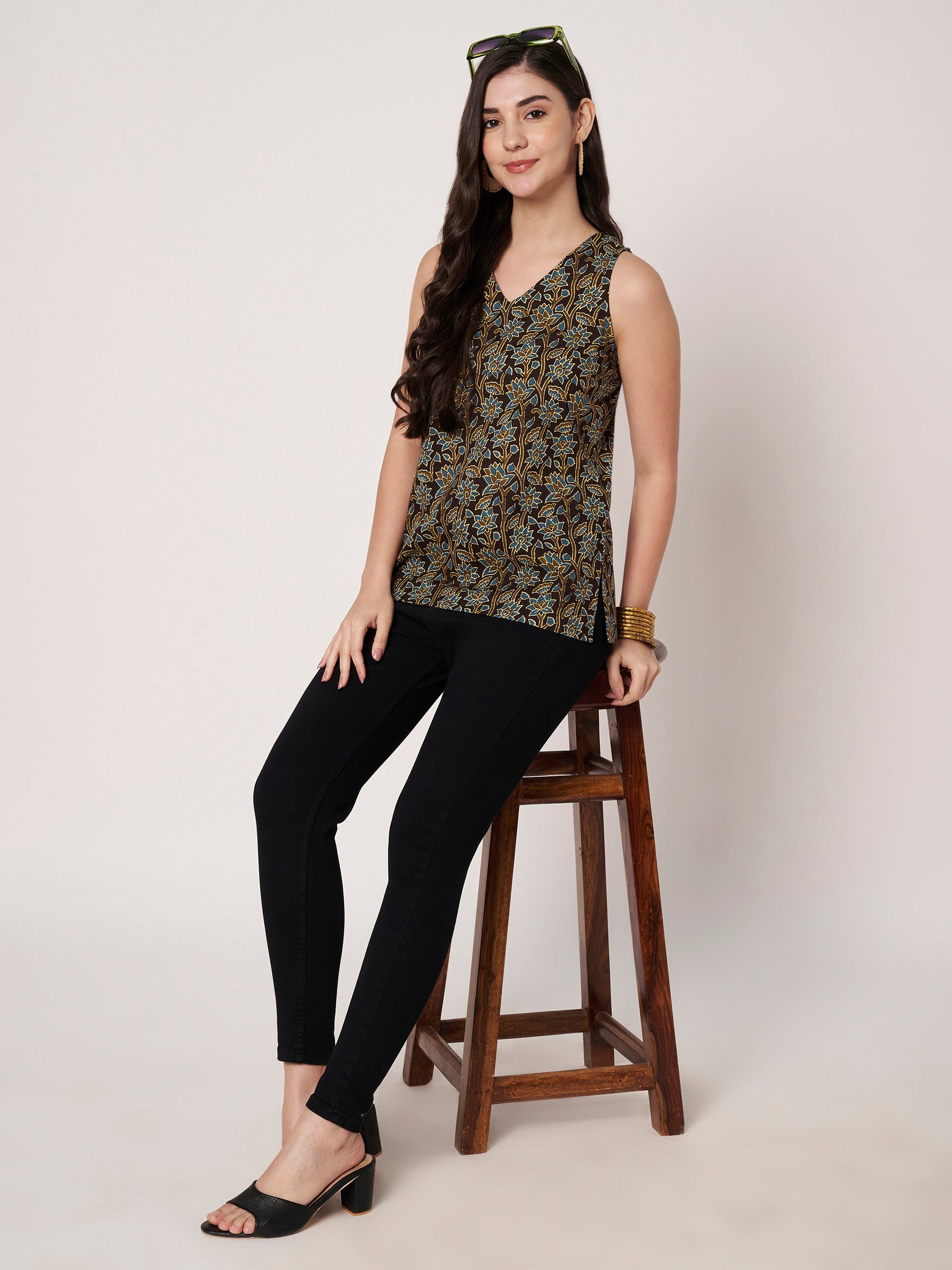 Brown Printed Sleeveless V-Neck Cotton Top
