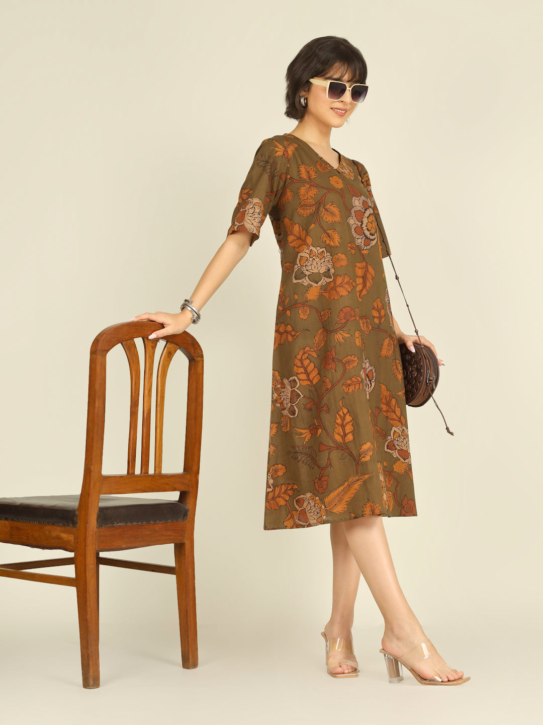 Olive Printed Half-Sleeve A-Line Cotton Dress