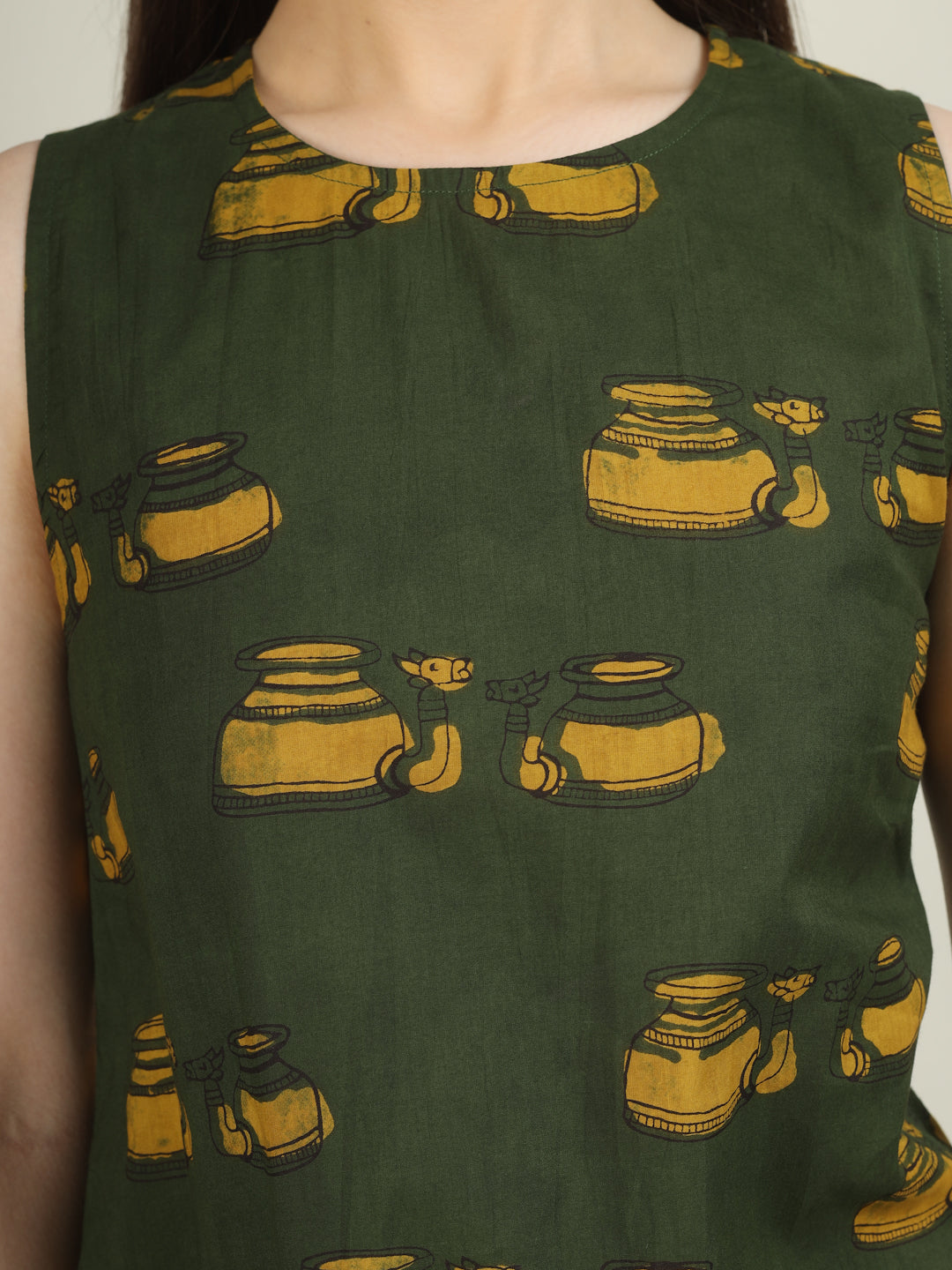 Green Printed Sleeveless A-Line Cotton Dress