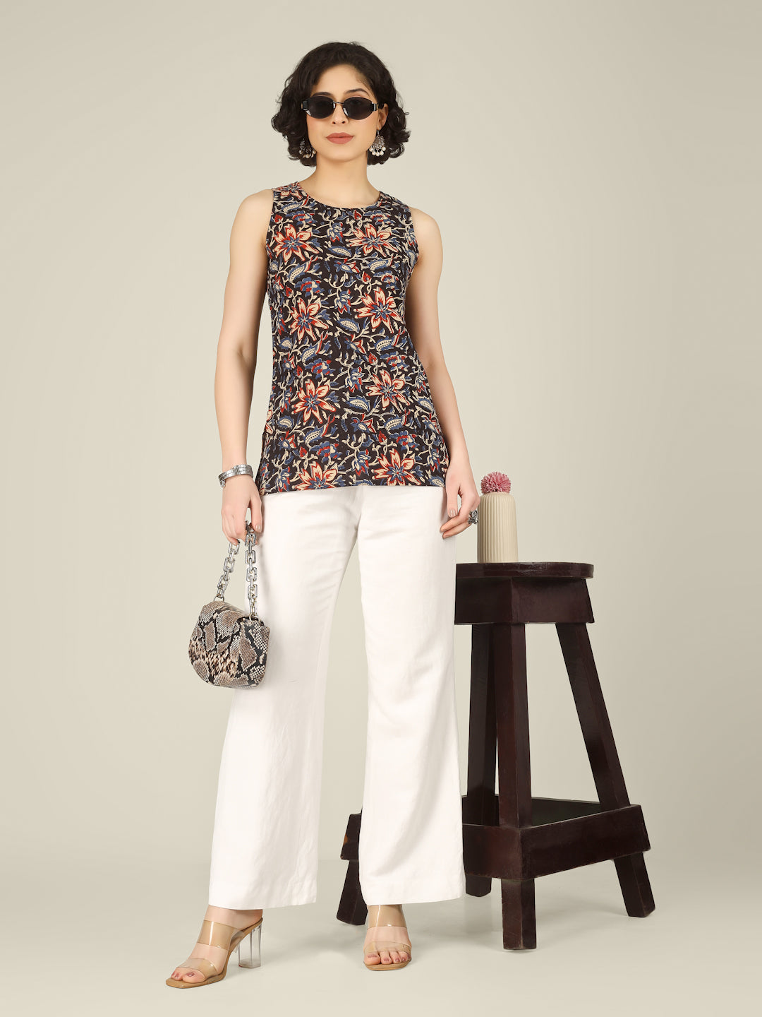 Black Printed Round Neck Sleeveless Cotton Top