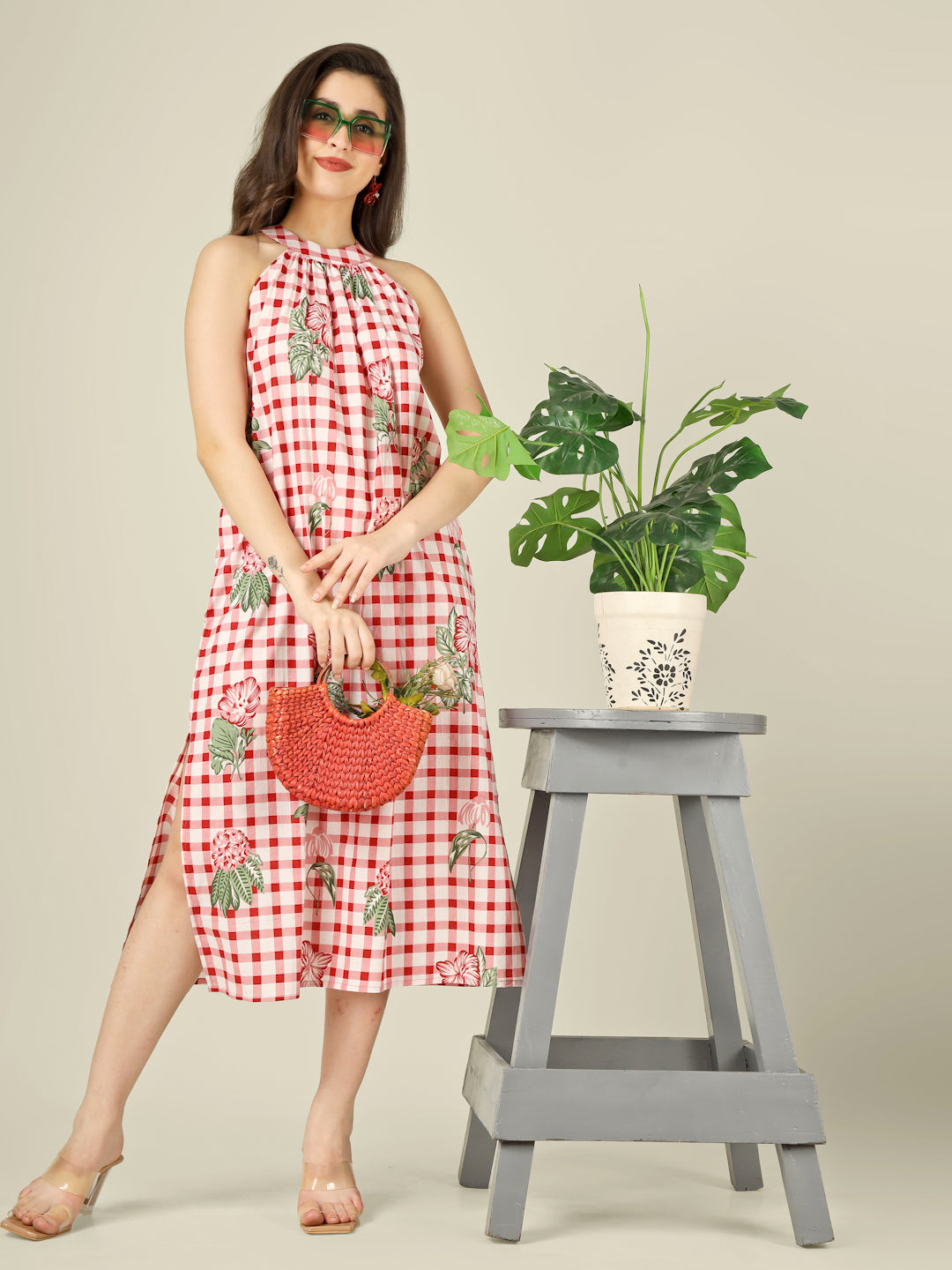 White Checked Halter Neck Long Sleeveless Cotton Dress