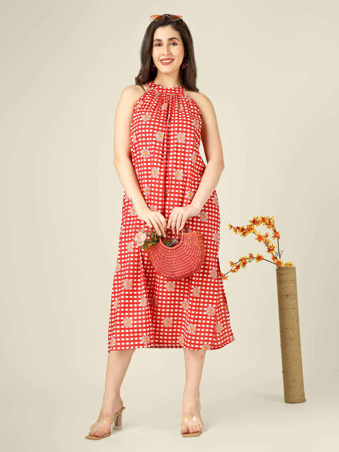 Red Checked Halter Neck Long Sleeveless Cotton Dress