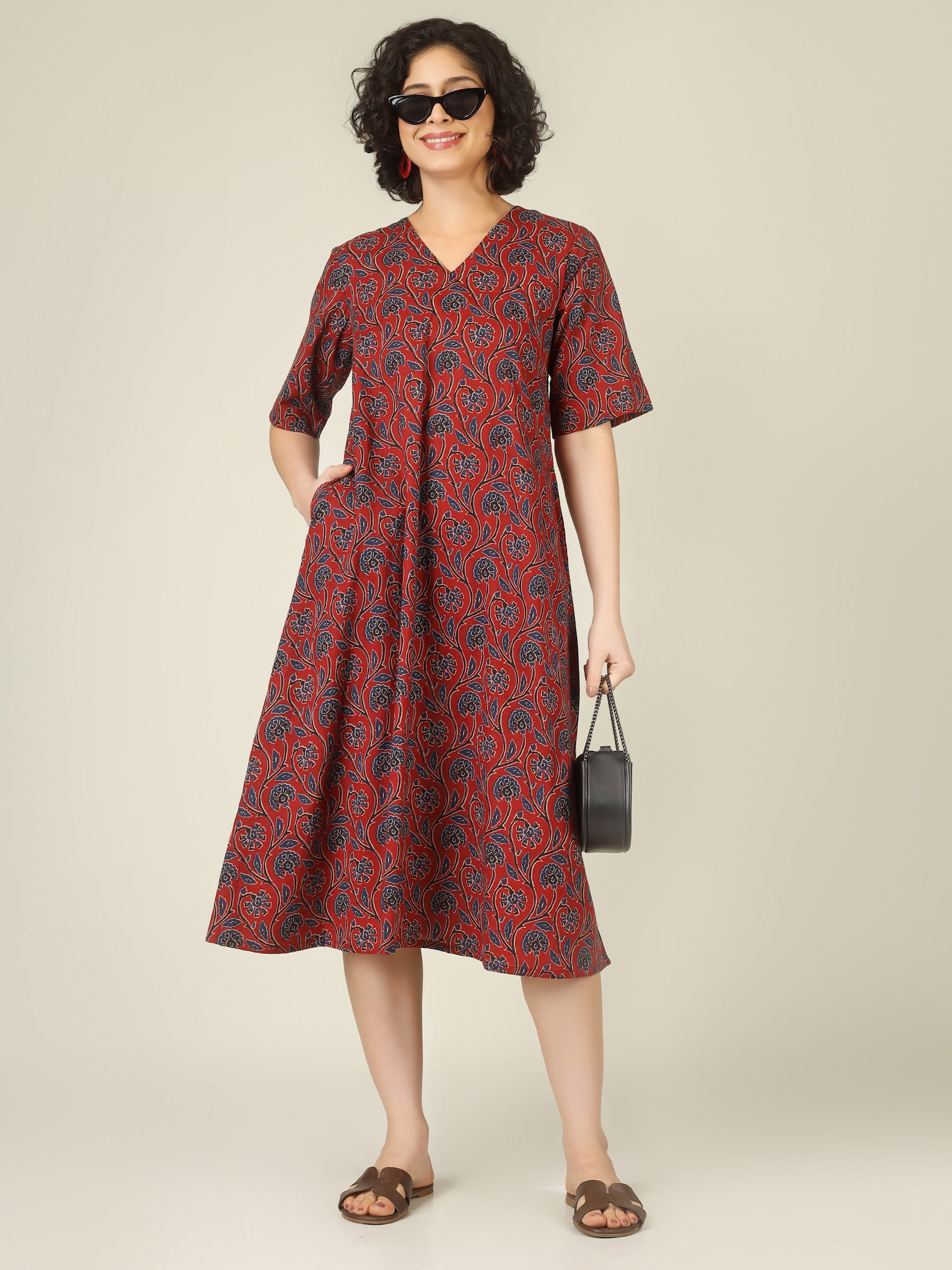 Maroon Printed Half-Sleeve A-Line Cotton Dress