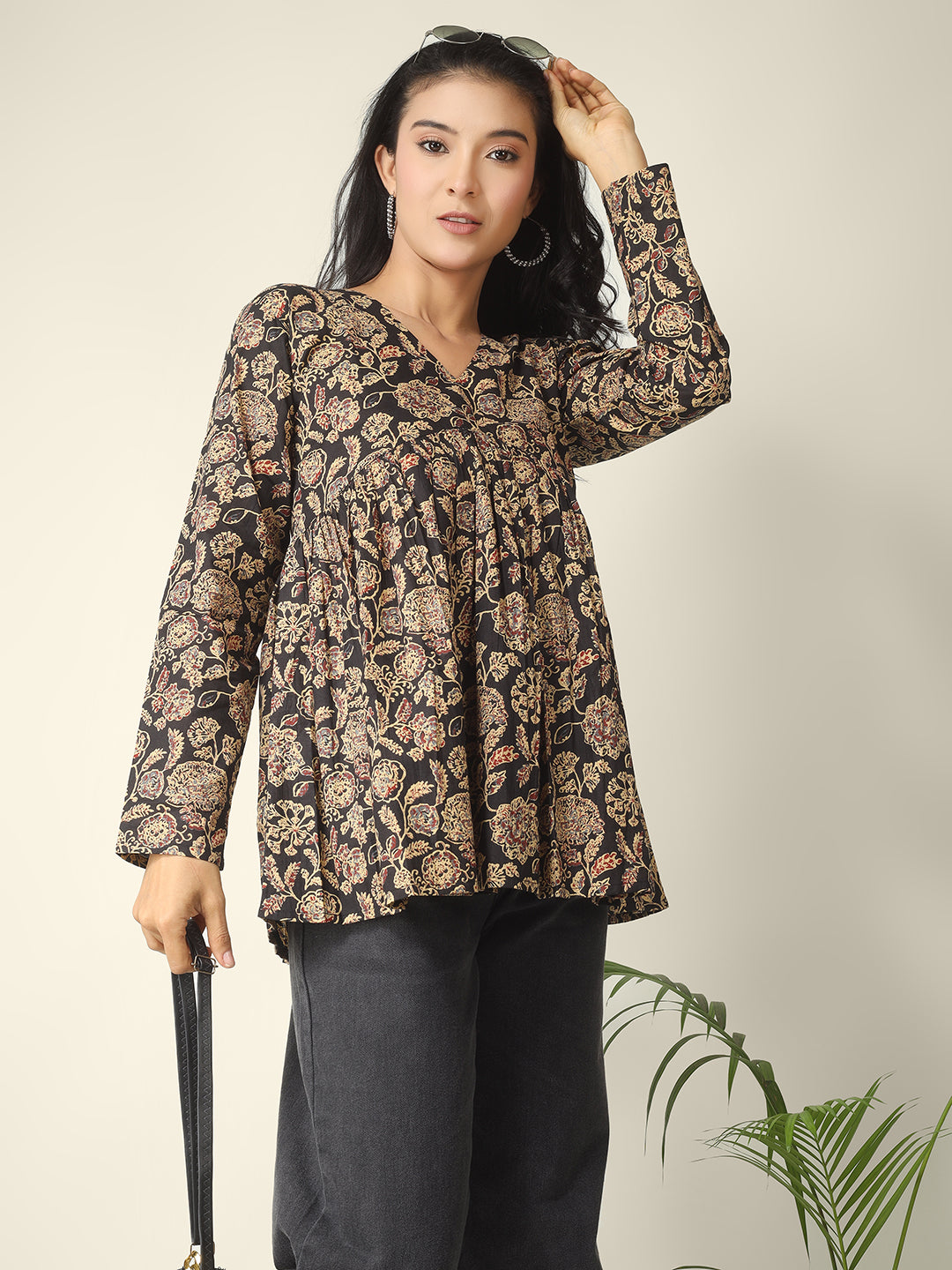 Black Printed Alia-Cut Cotton Peplum Top