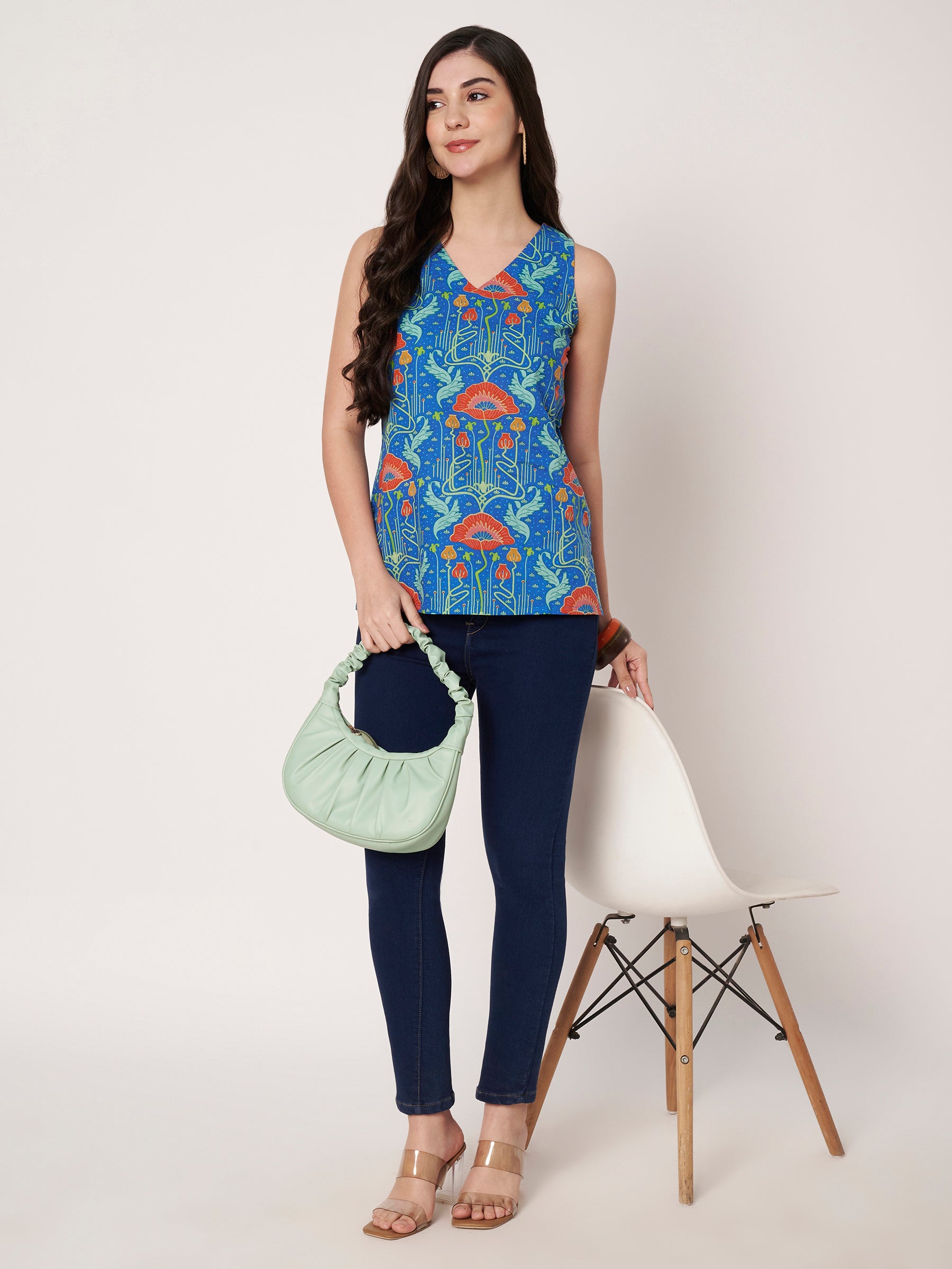 Blue Printed Sleeveless V-Neck Cotton Top
