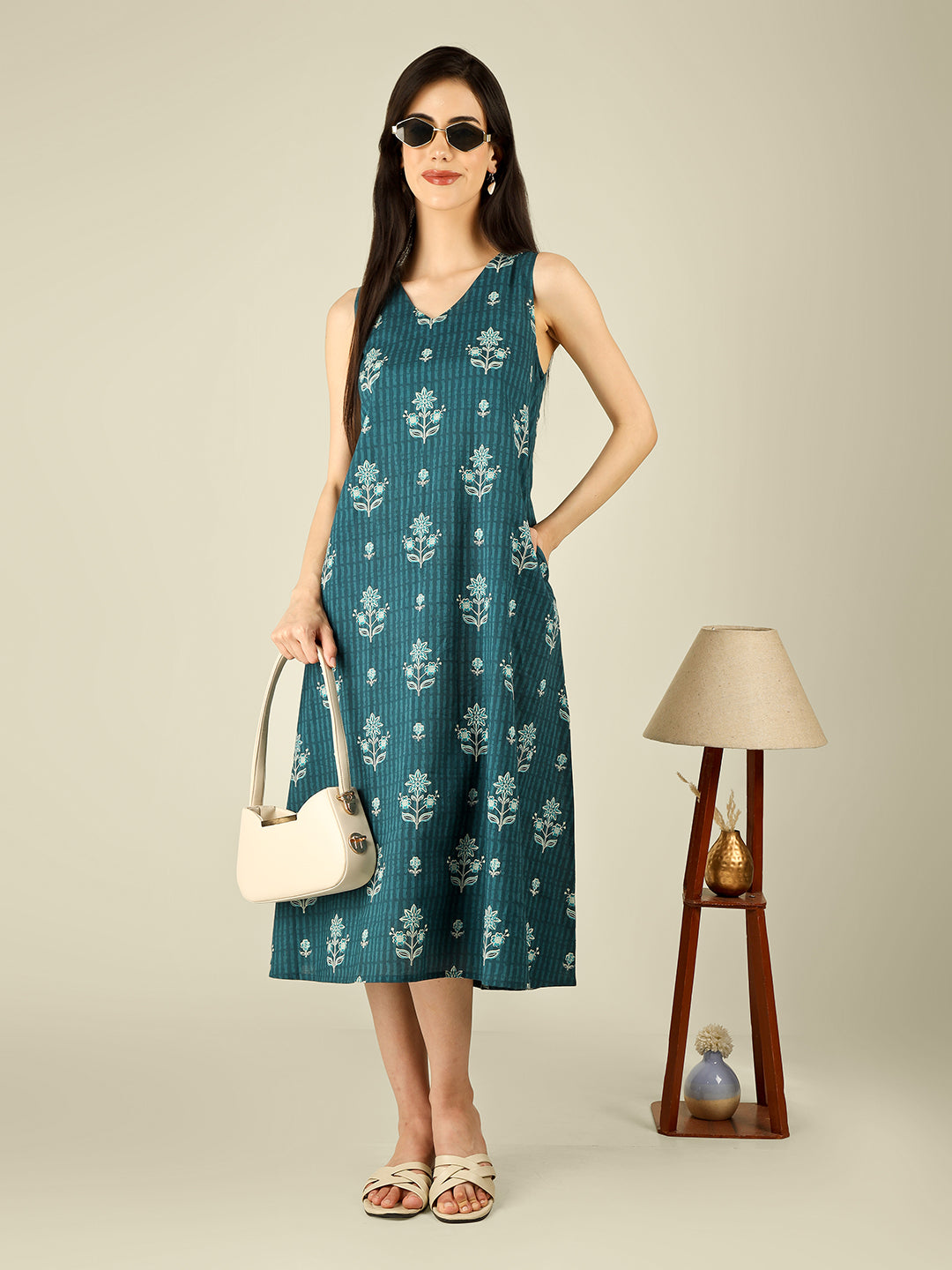 Teal Blue Printed V-Neck Sleeveless A-Line Cotton Dress