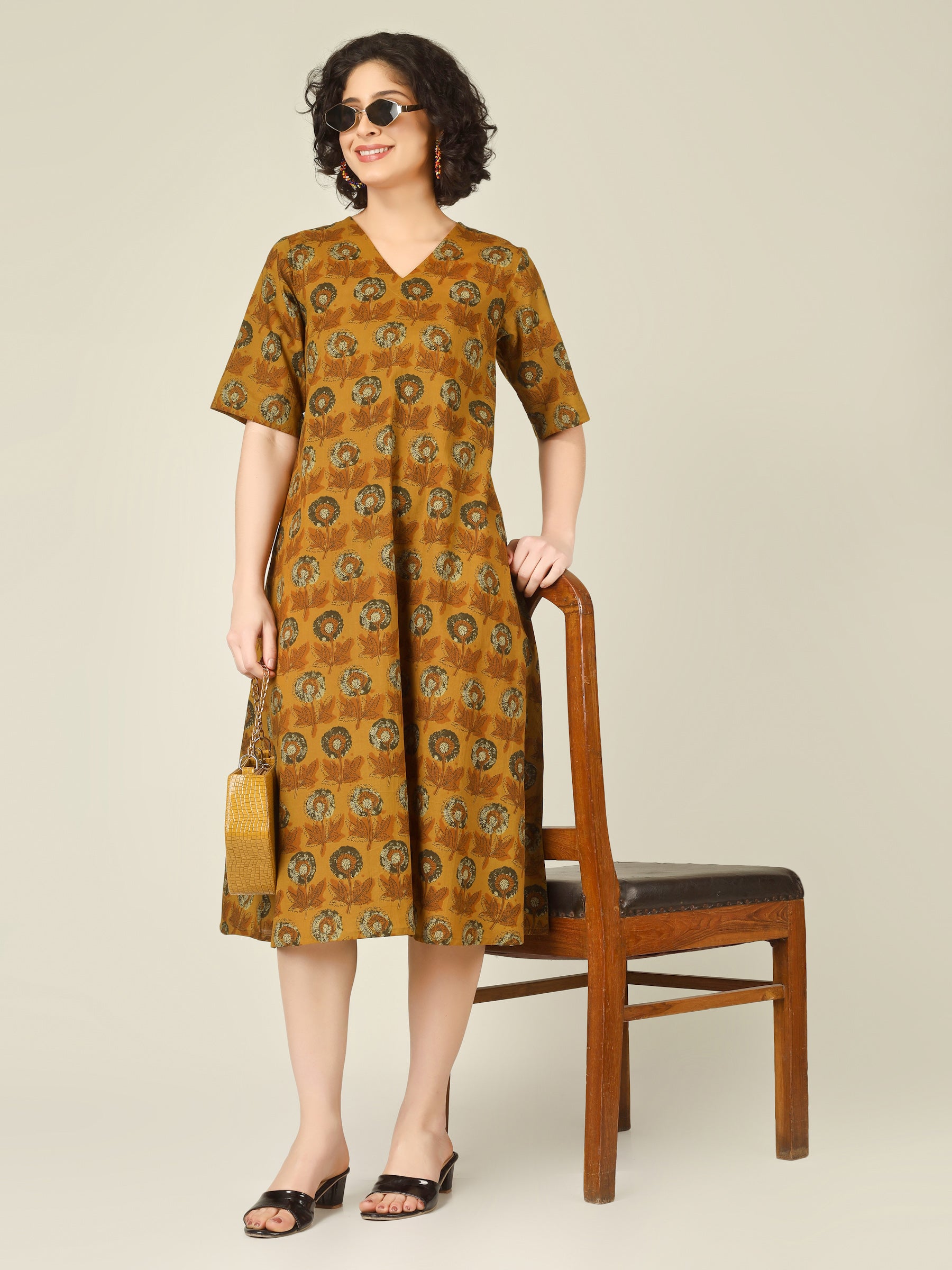 Mustard Printed Half-Sleeve A-Line Cotton Dress