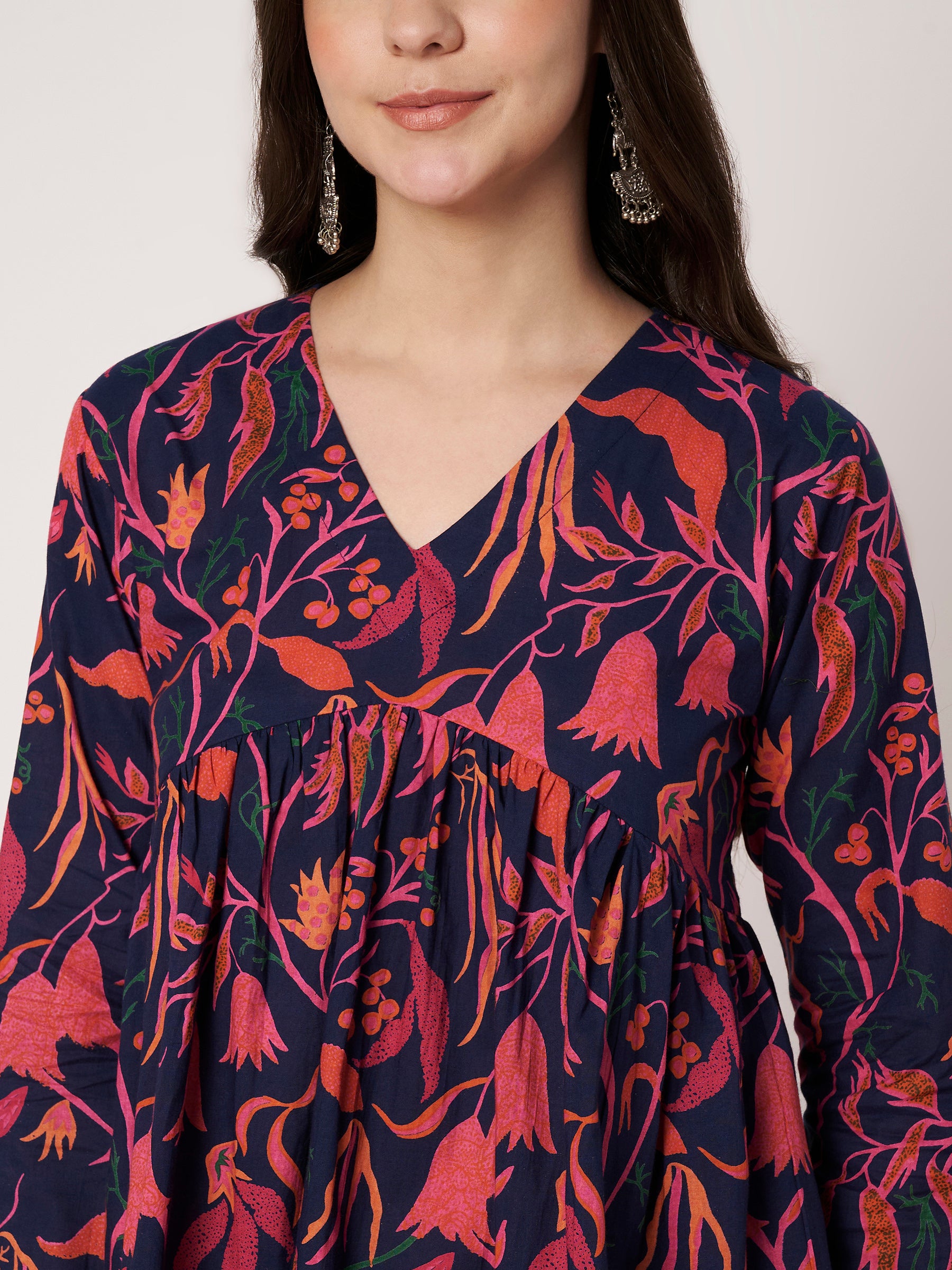 Dark Blue Printed Alia-Cut Cotton Top