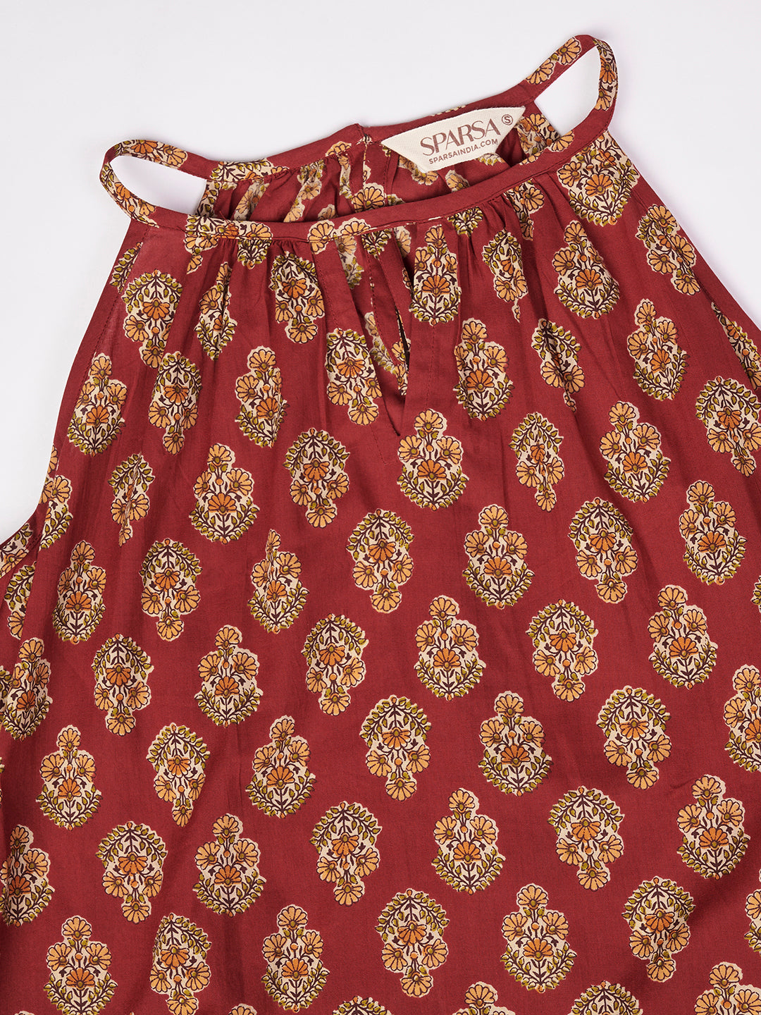 Maroon Printed Sleeveless A-Line Cotton Dress