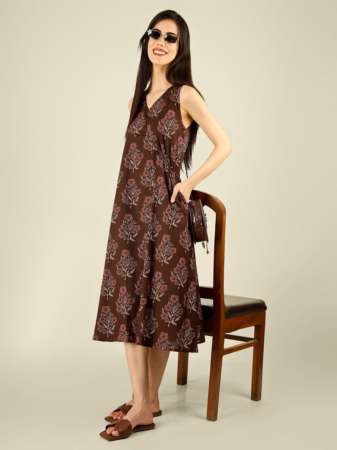 Brown Printed V-Neck Sleeveless A-Line Cotton Dress