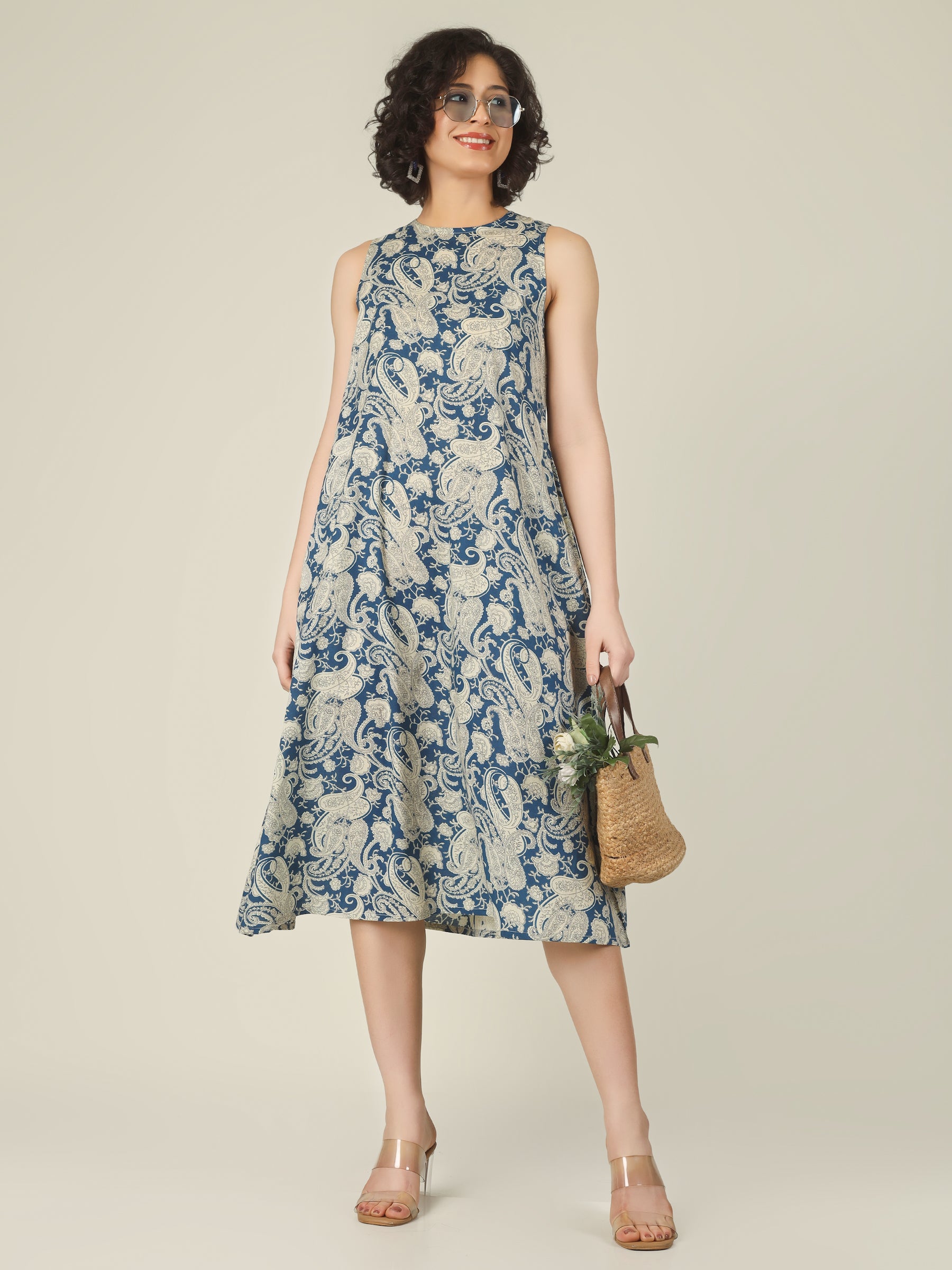 Blue Printed Sleeveless A-Line Cotton Dress
