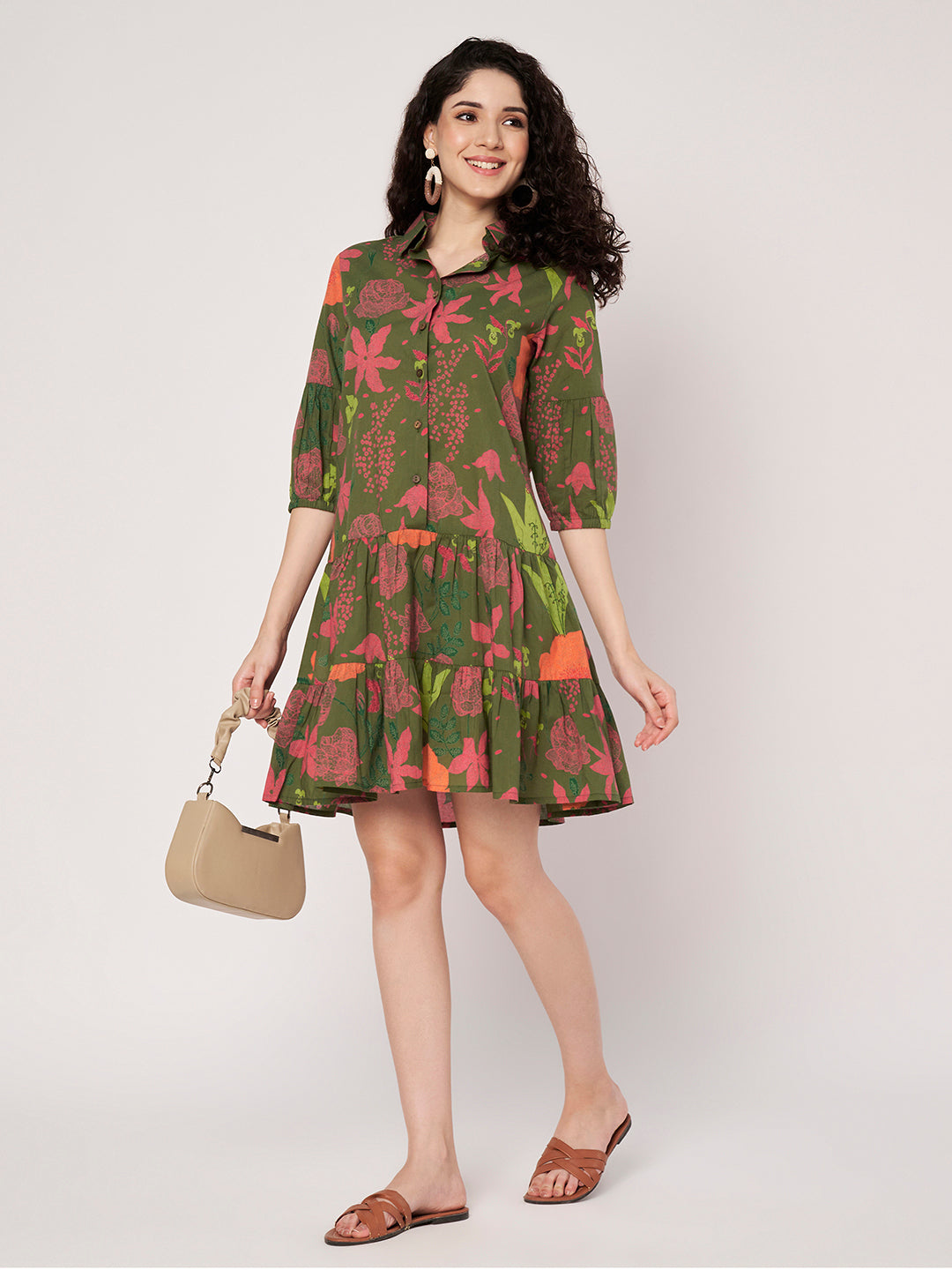Green Printed Short Cotton Dress
