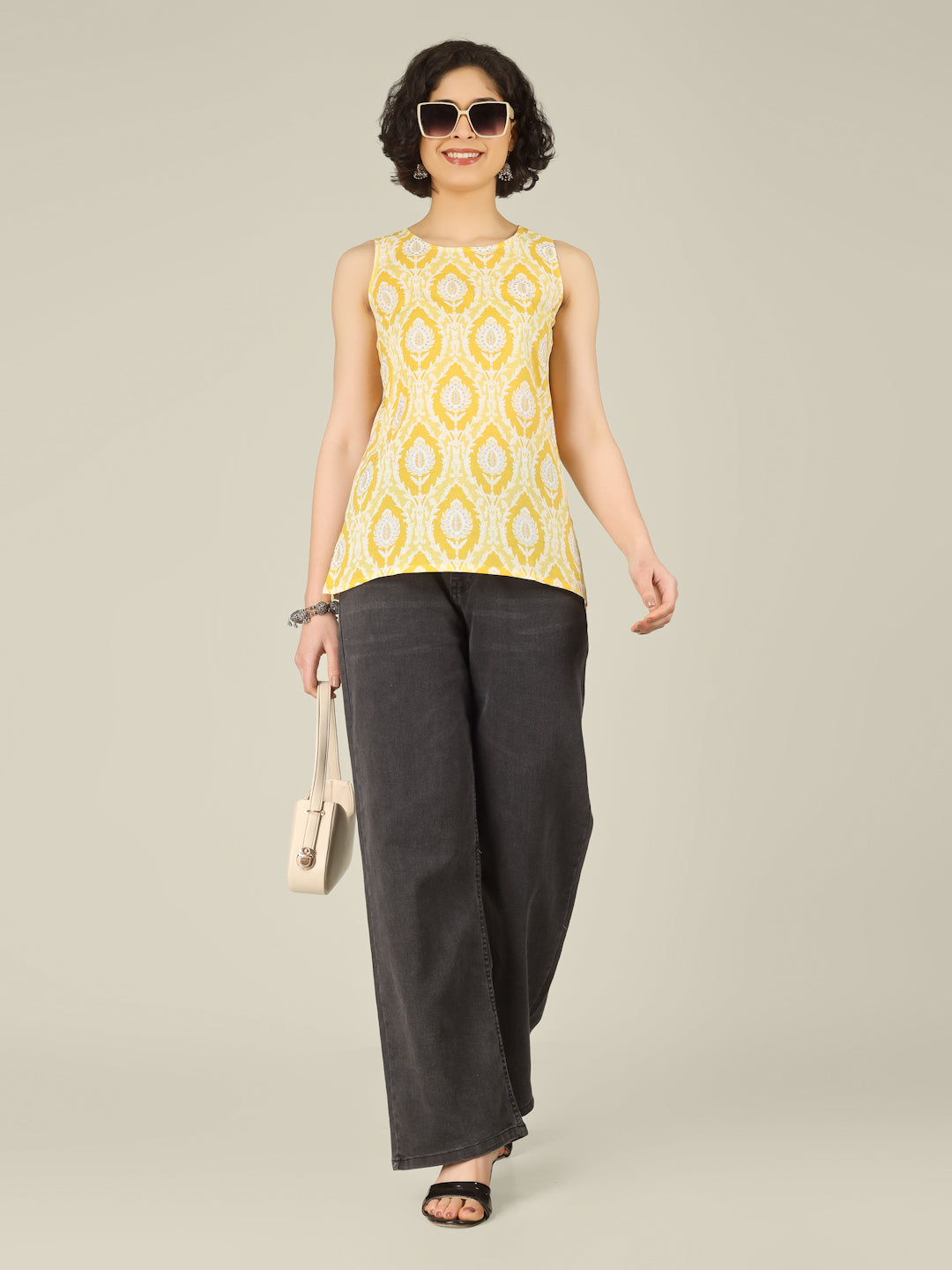 Yellow Printed Round Neck Sleeveless Cotton Top