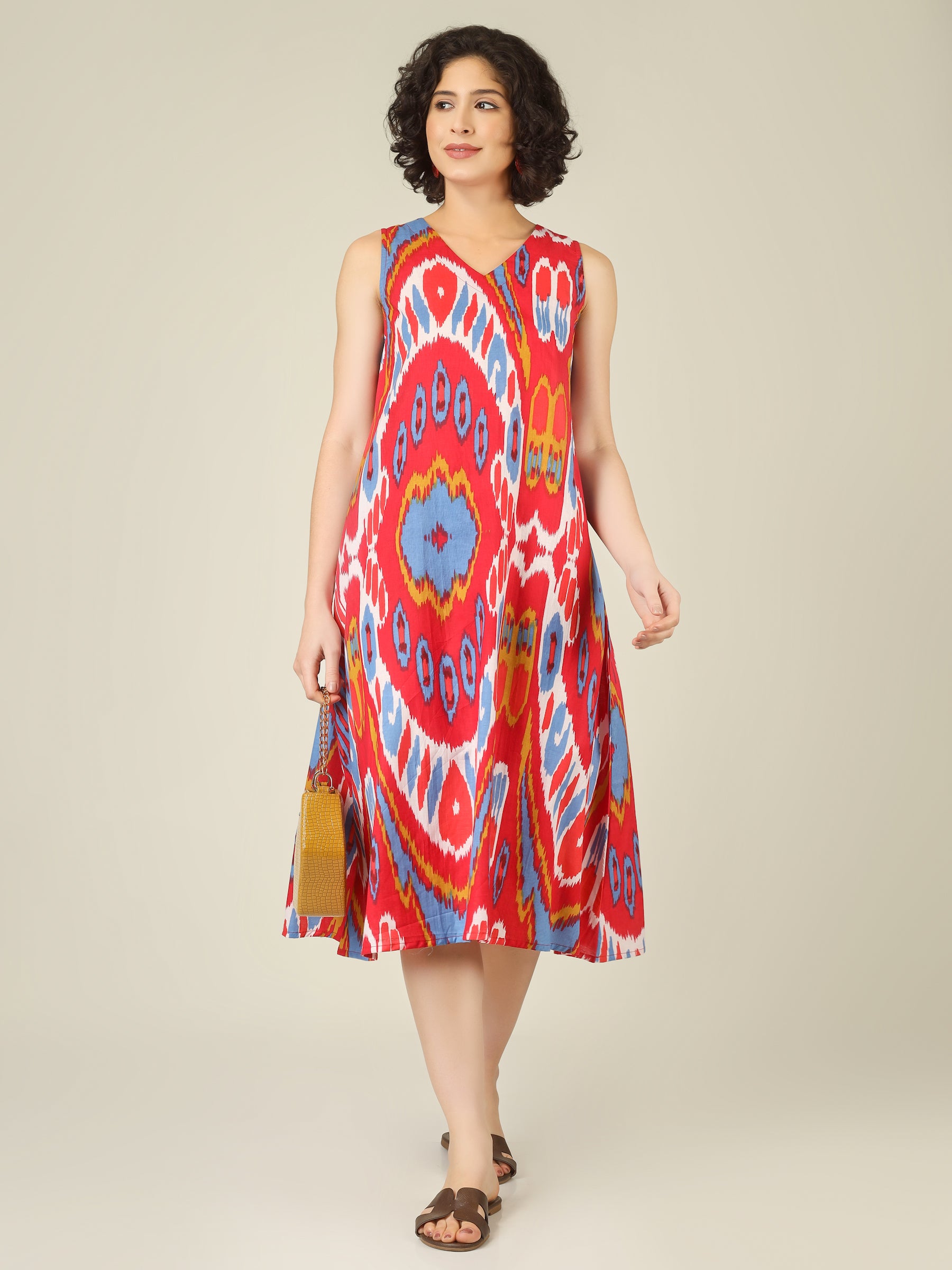 Red Printed V-Neck Sleeveless A-Line Cotton Dress