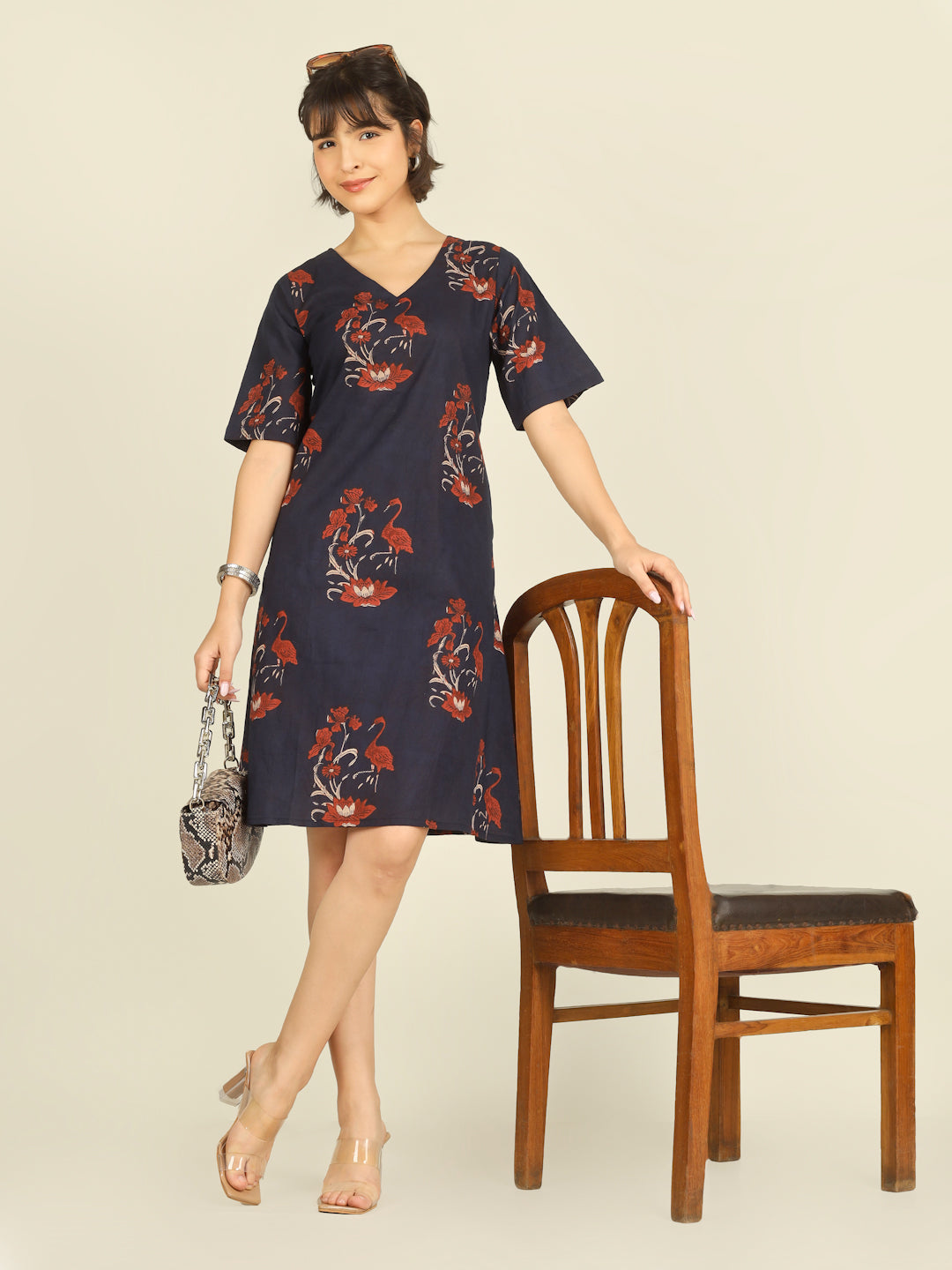 Navy Blue Printed Half-Sleeve A-Line Short Cotton Dress