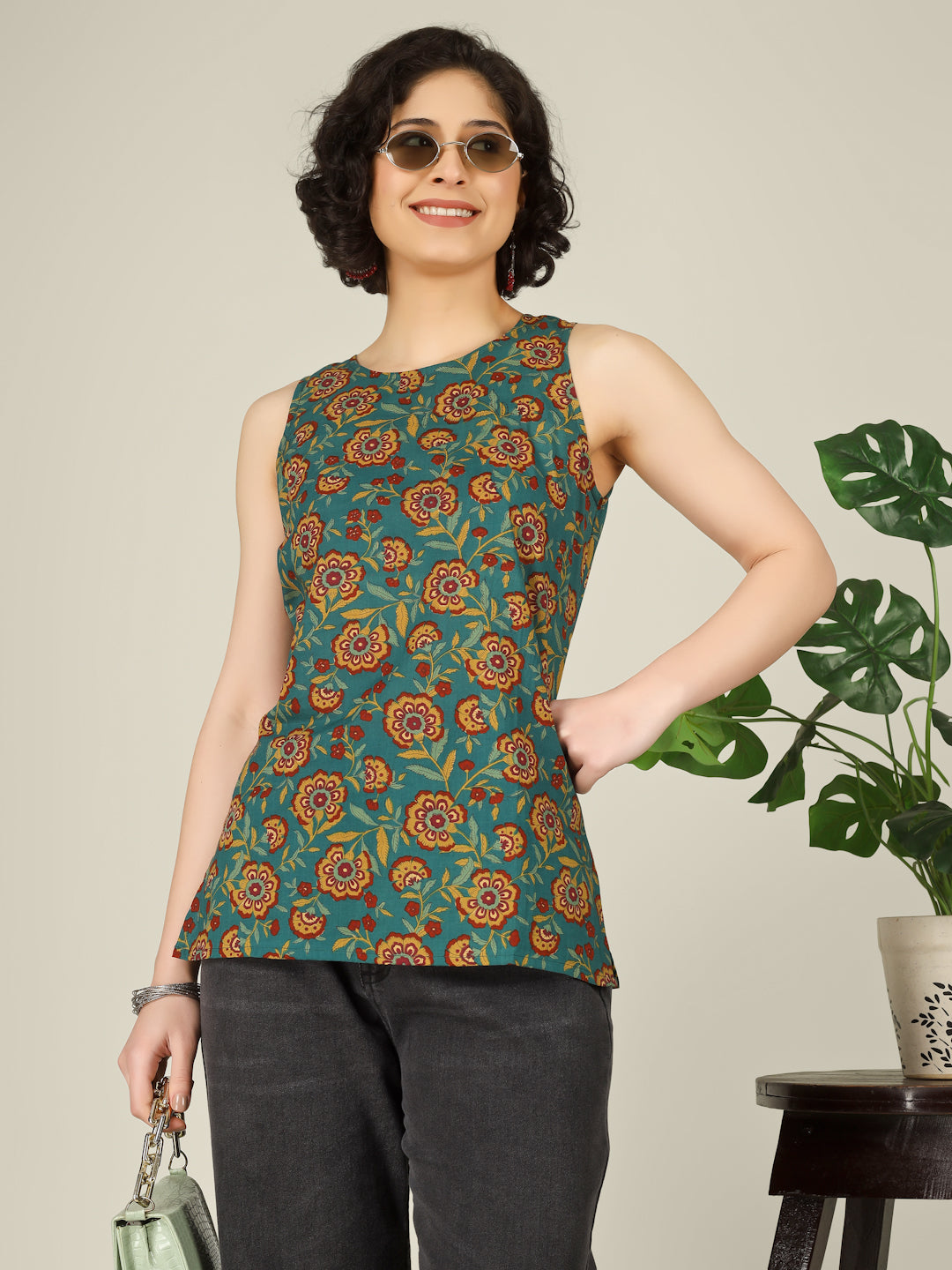 Green Printed Round Neck Sleeveless Cotton Top