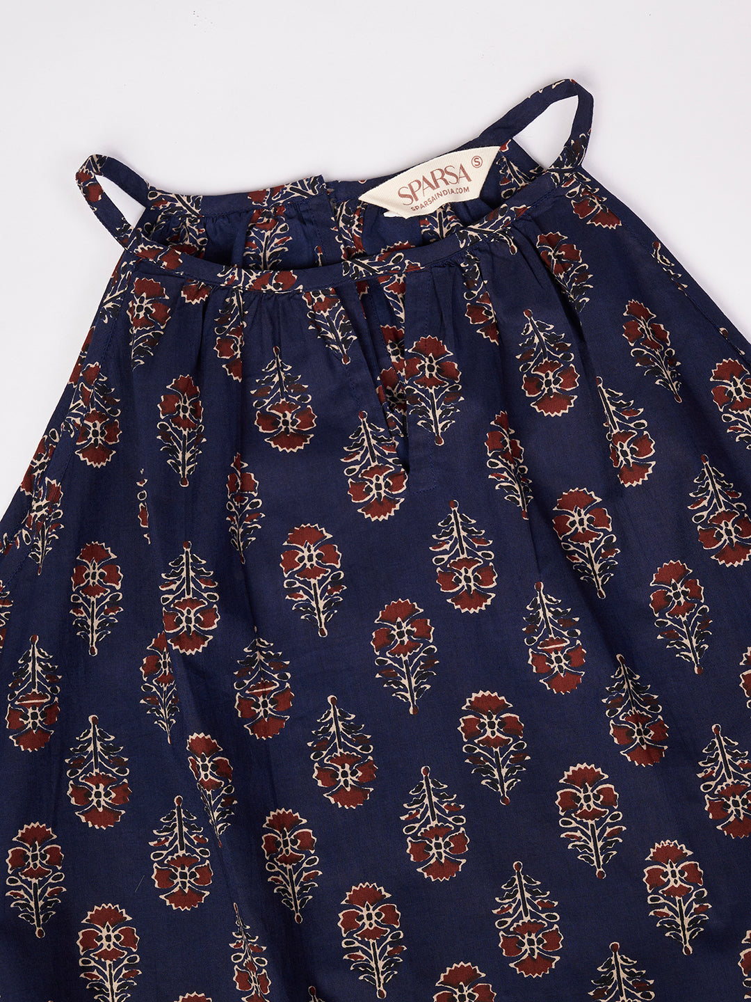 Navy Blue Printed Sleeveless A-Line Cotton Dress