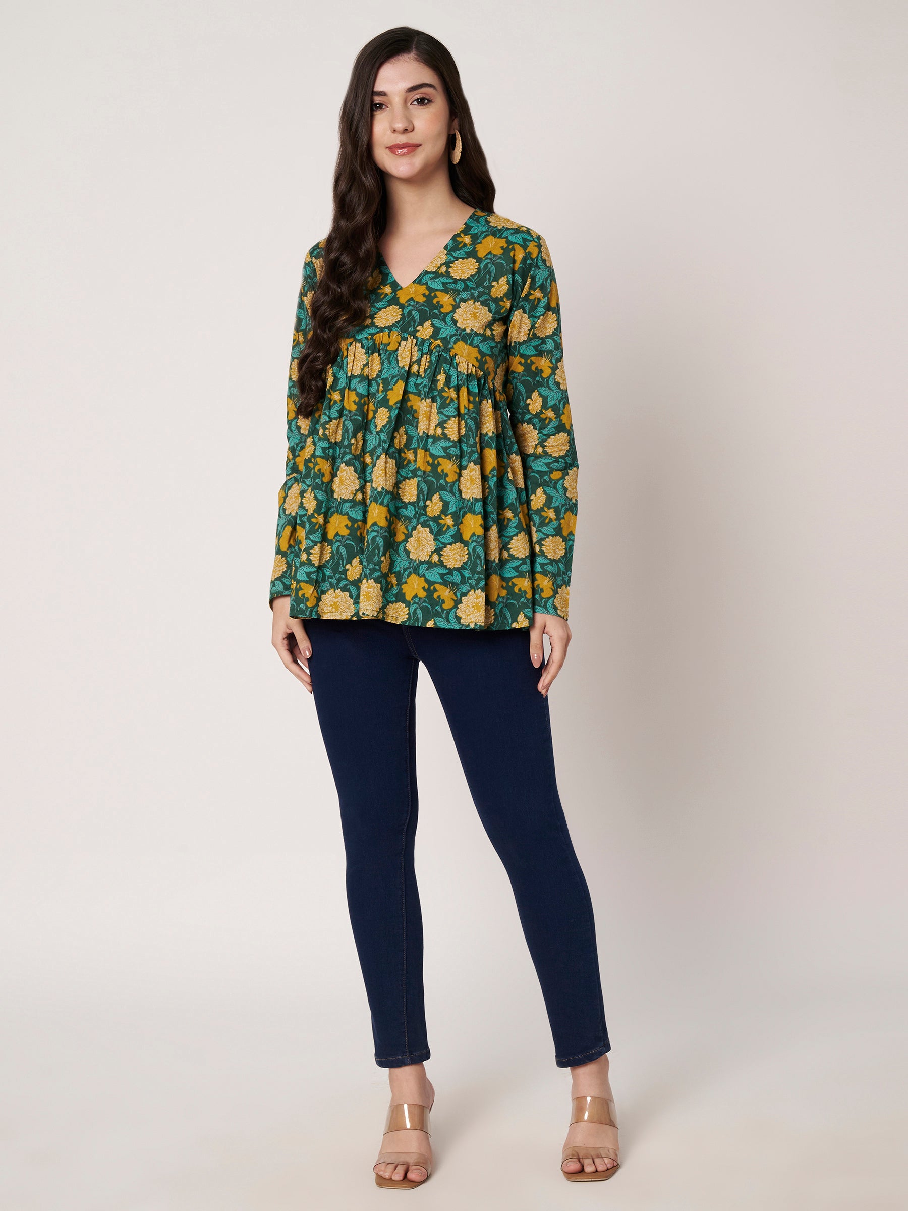 Green Printed Alia-Cut Cotton Top