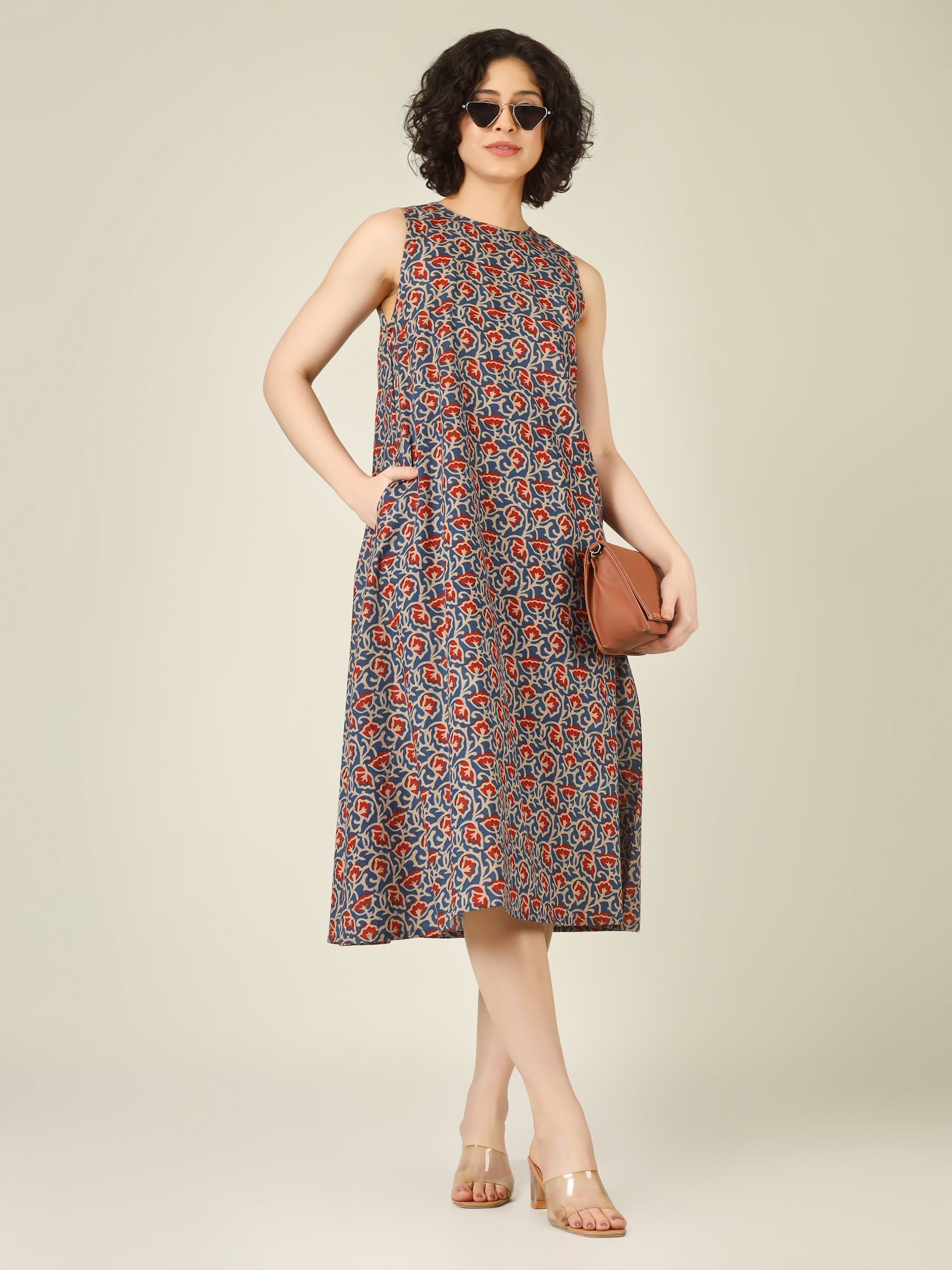 Blue Printed Sleeveless A-Line Cotton Dress