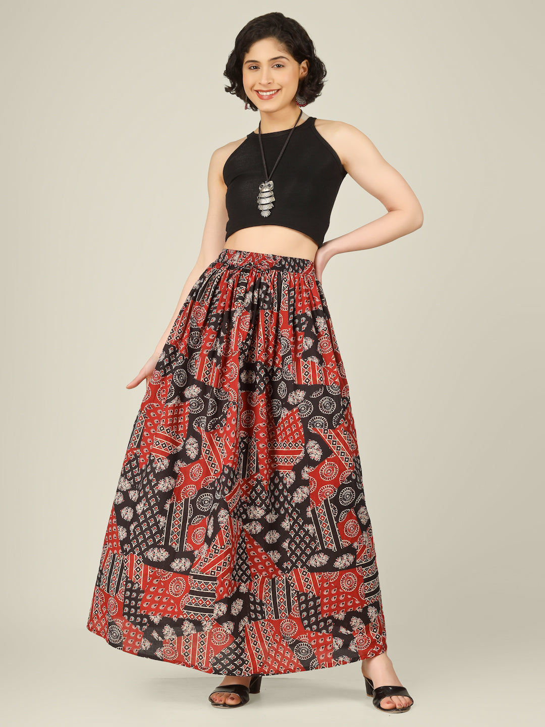 Red and Black Printed Cotton Maxi Skirt