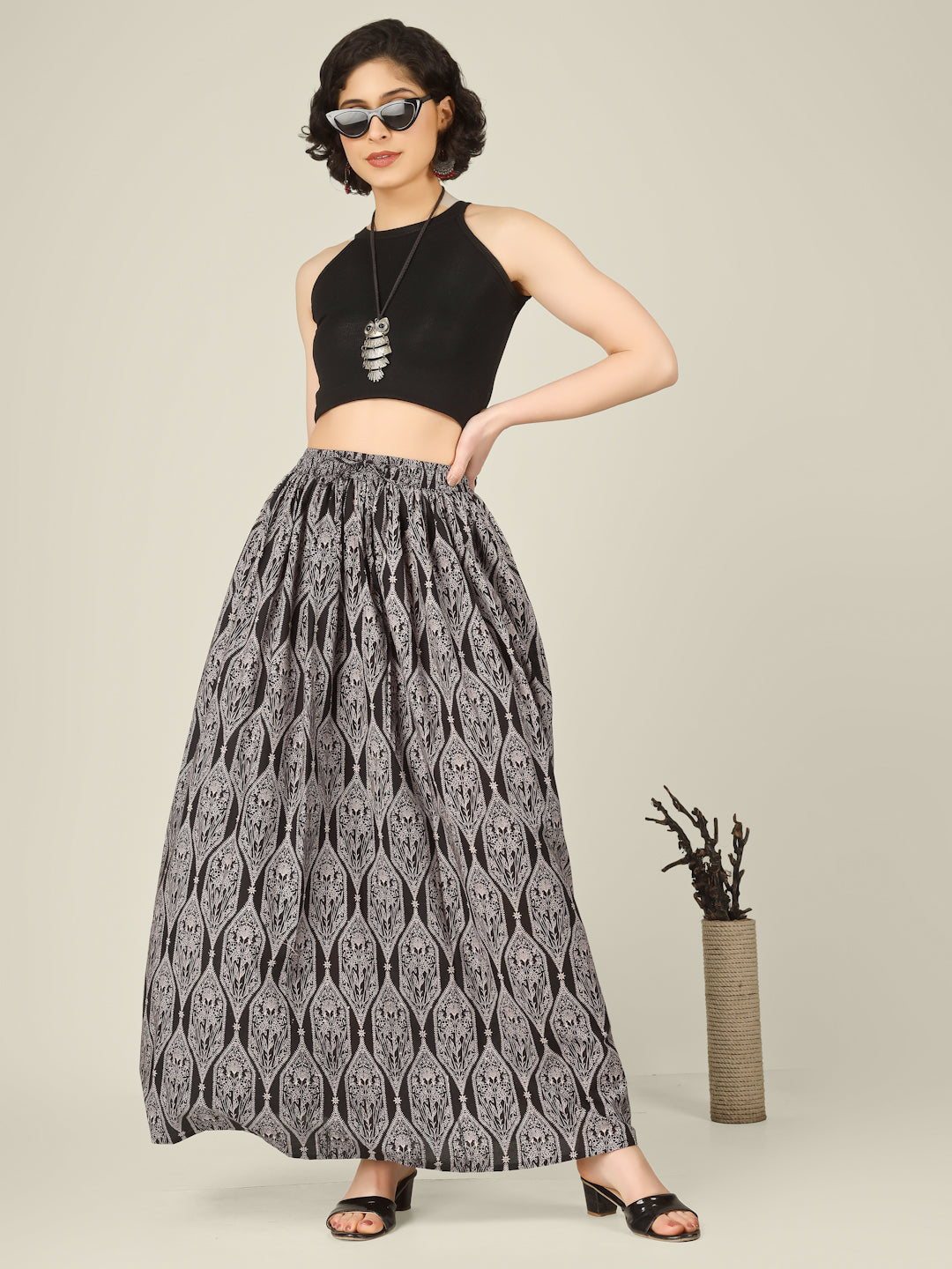 Black Printed Cotton Maxi Skirt