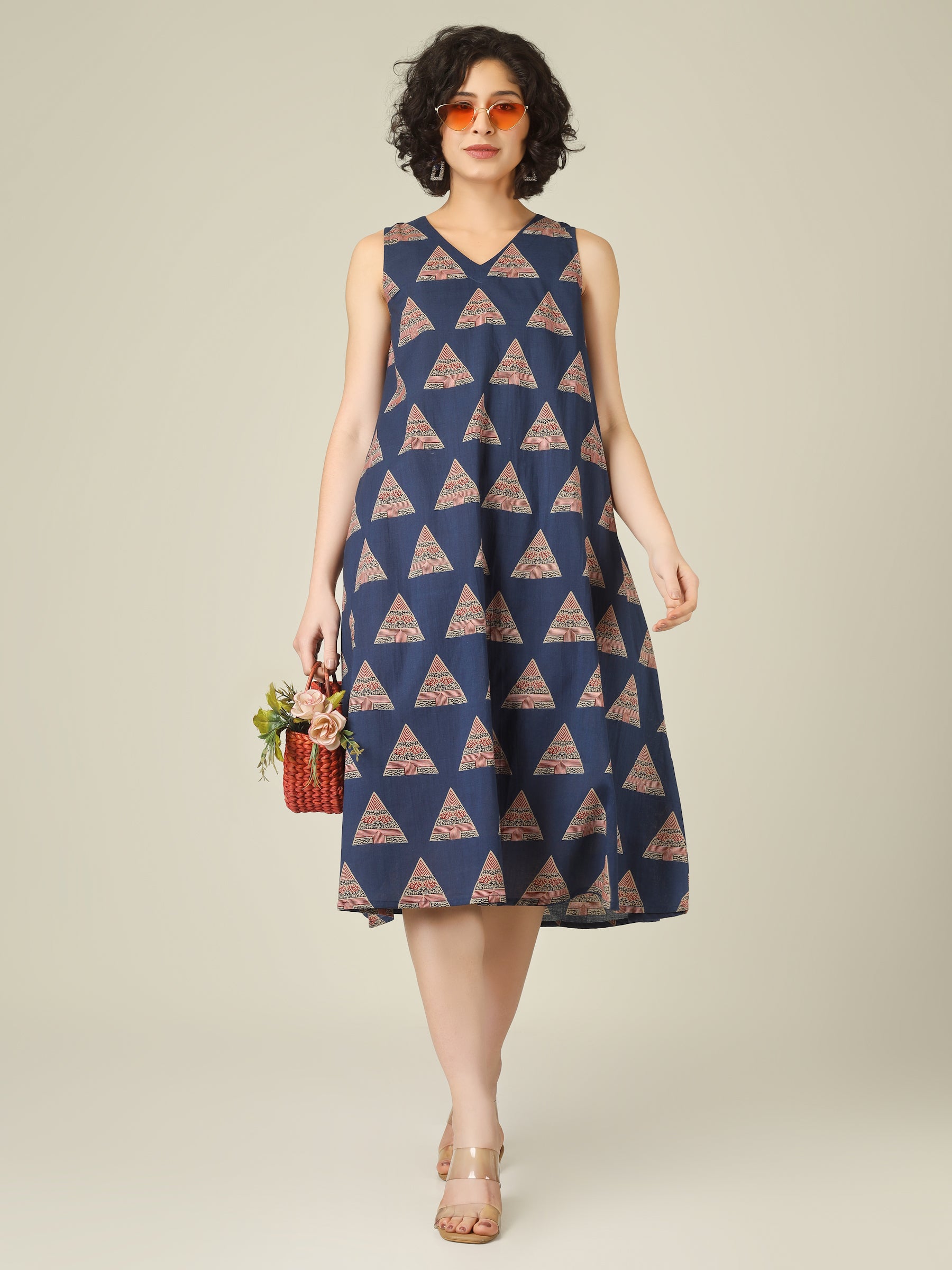 Blue Printed V-Neck Sleeveless A-Line Cotton Dress