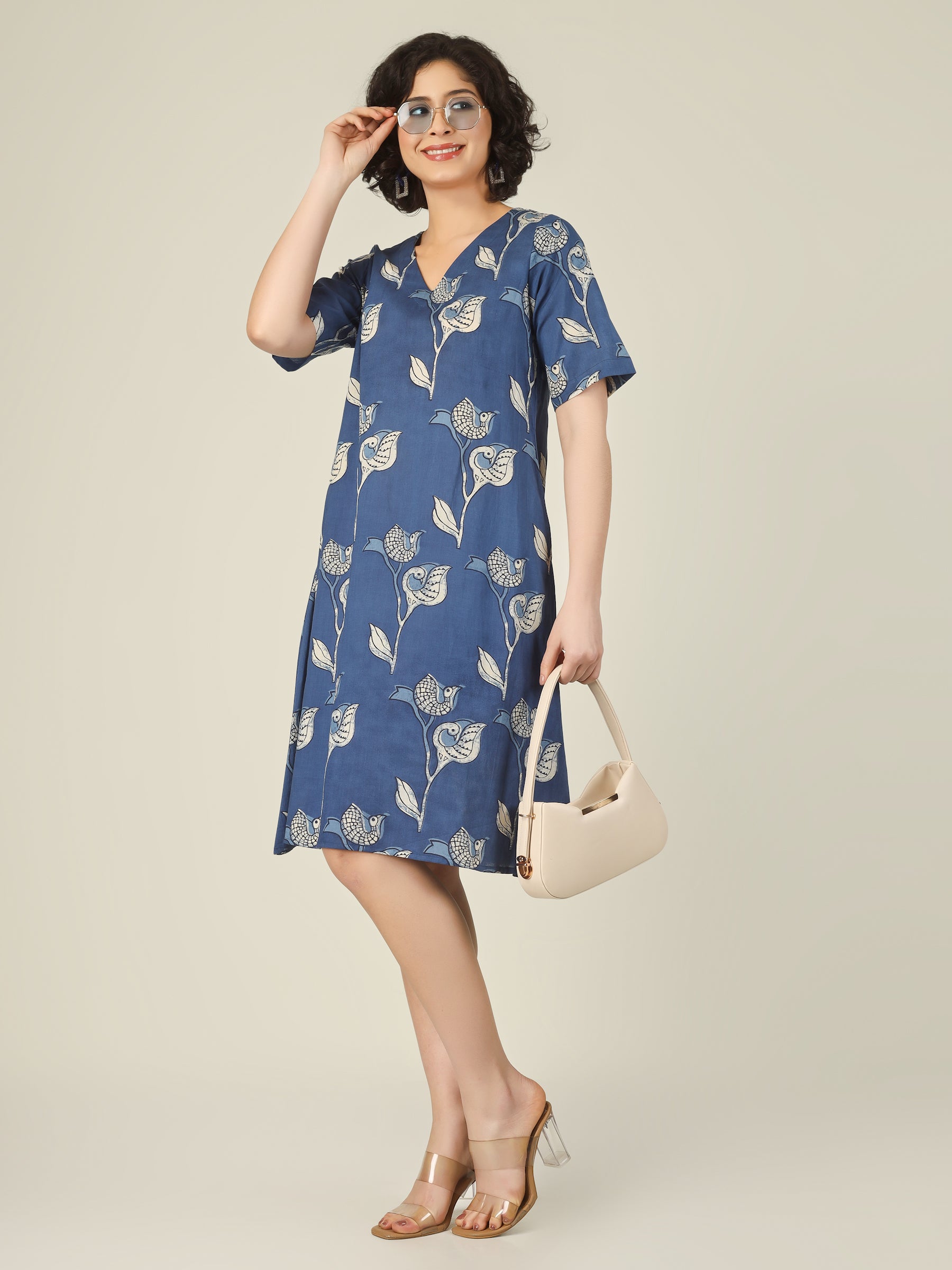 Navy Blue Printed Short A-Line Cotton Dress