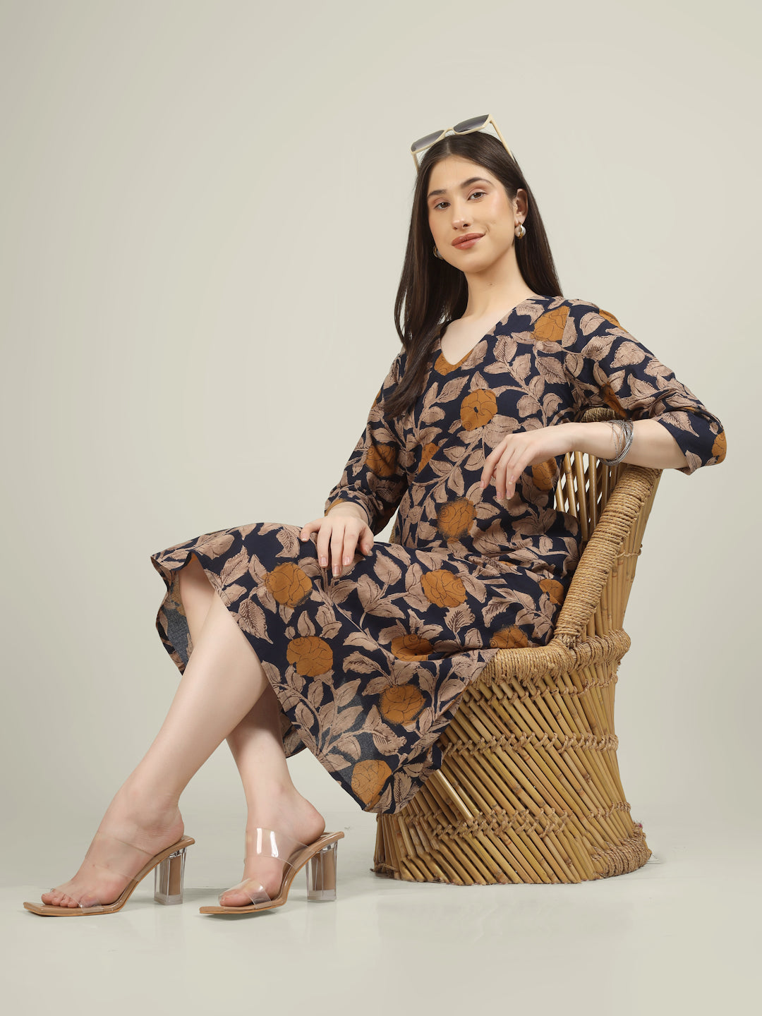 Blue Printed 3/4th Sleeve A-Line Cotton Dress