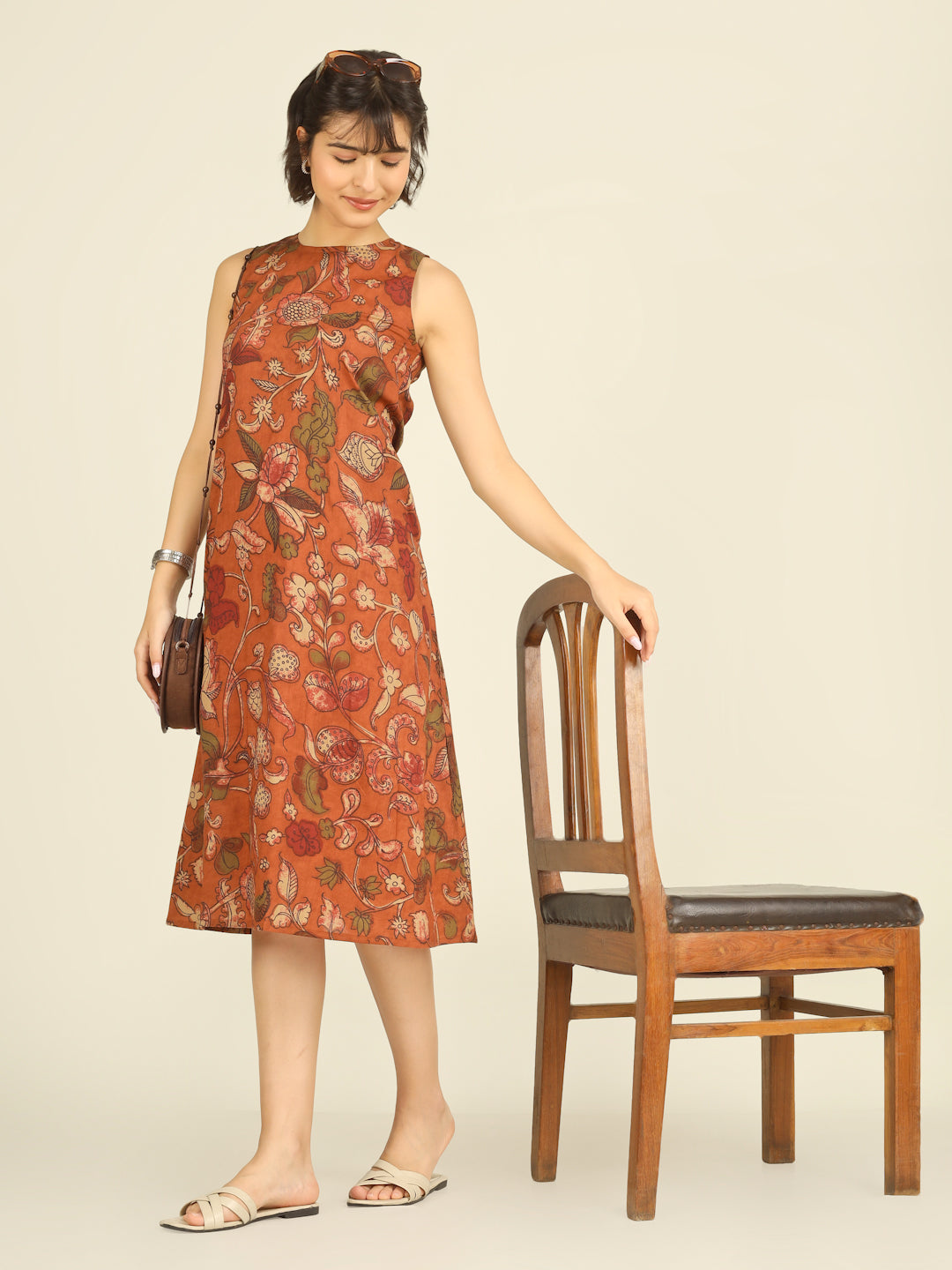 Orange Printed Sleeveless A-Line Cotton Dress