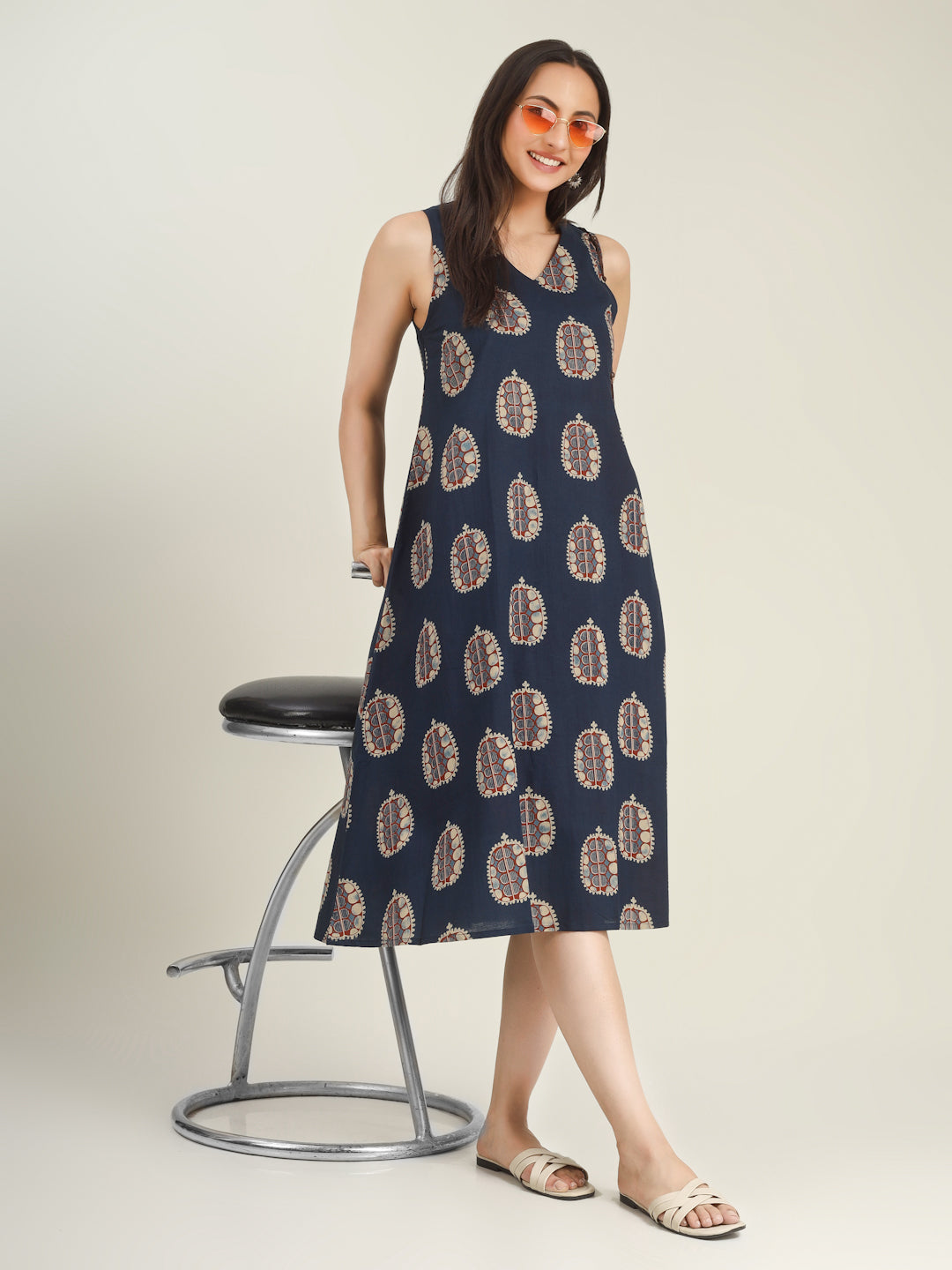 Blue Printed Sleeveless V-Neck A-Line Cotton Dress