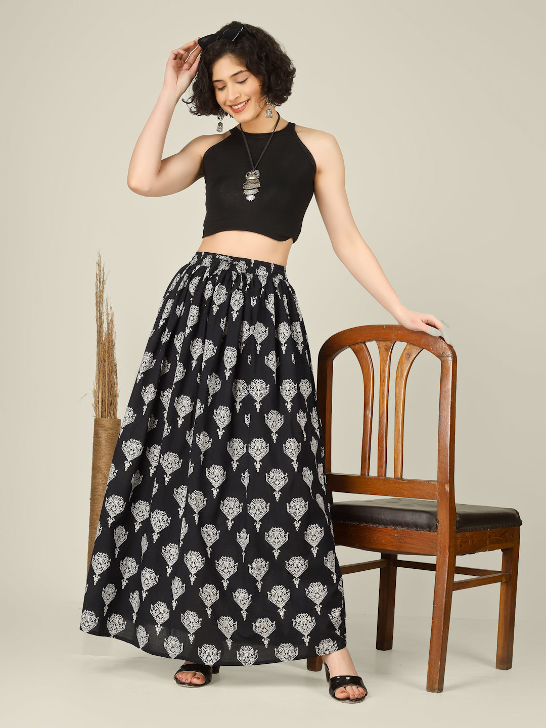 Black Printed Cotton Maxi Skirt